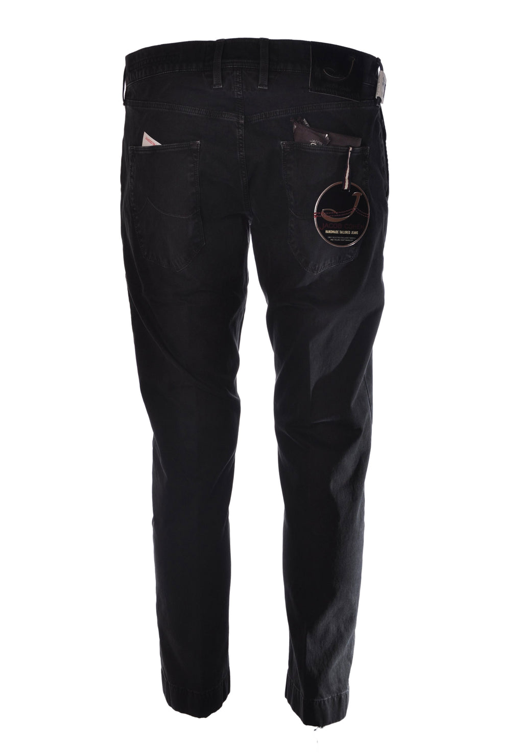Close‑up of the pony‑skin patch of jeans chino slim black Jacob Cohen