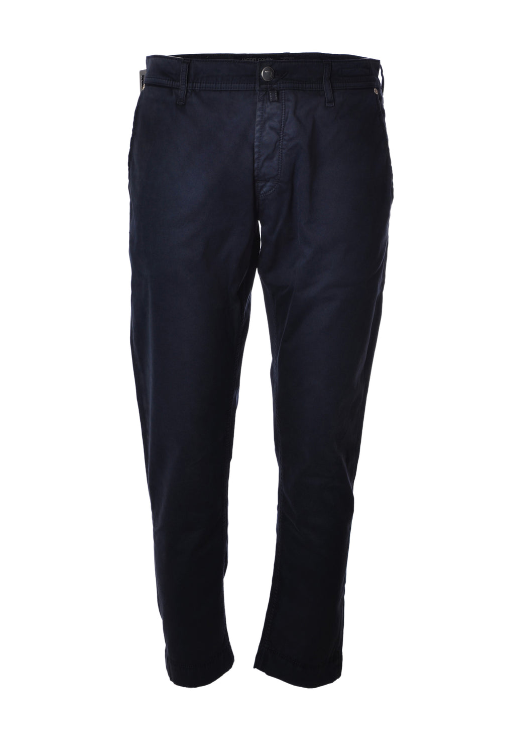 Dettaglio del tessuto e delle cuciture del pantalone chino gamba stretta blu Jacob Cohen