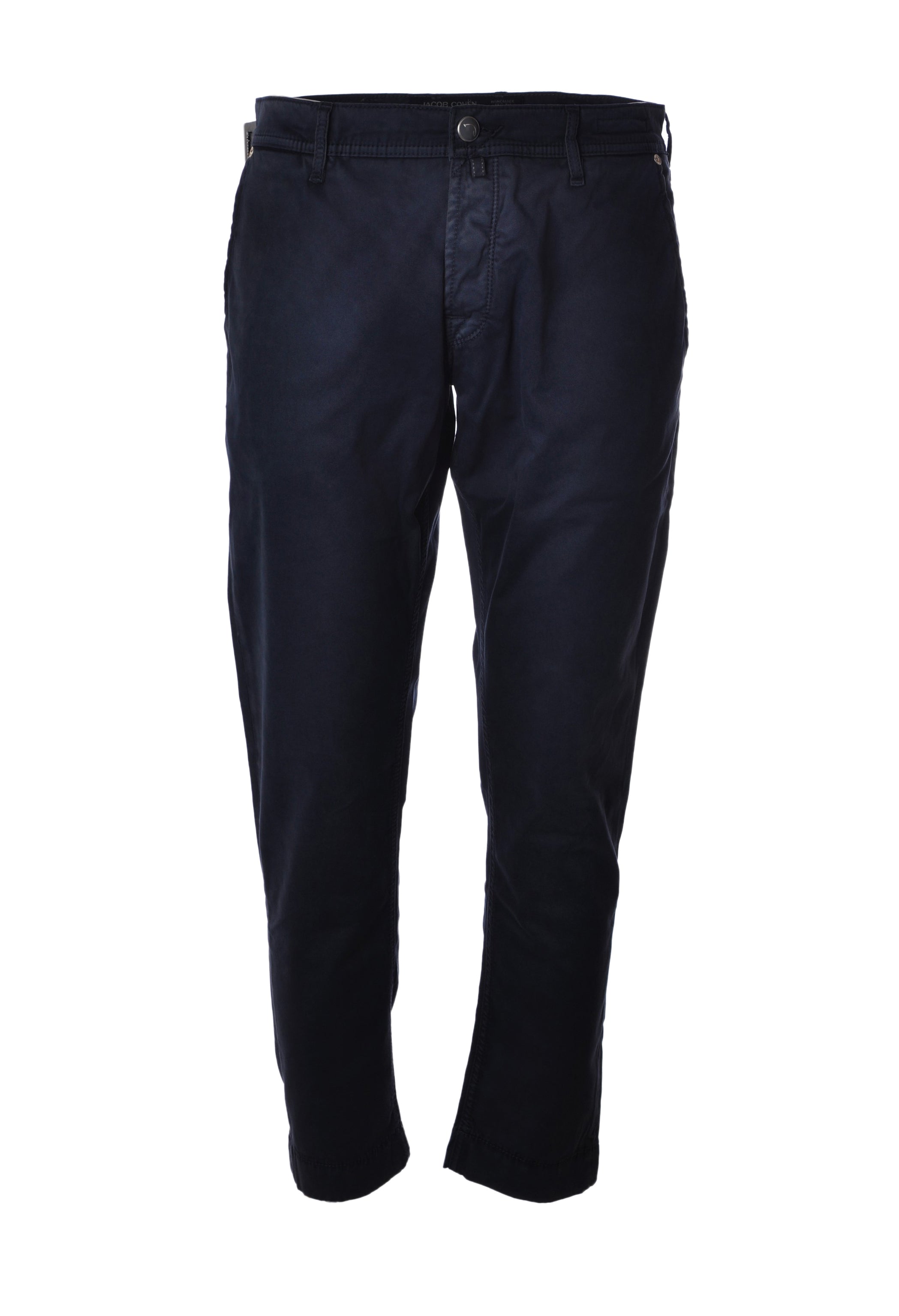 Dettaglio del tessuto e delle cuciture del pantalone chino gamba stretta blu Jacob Cohen