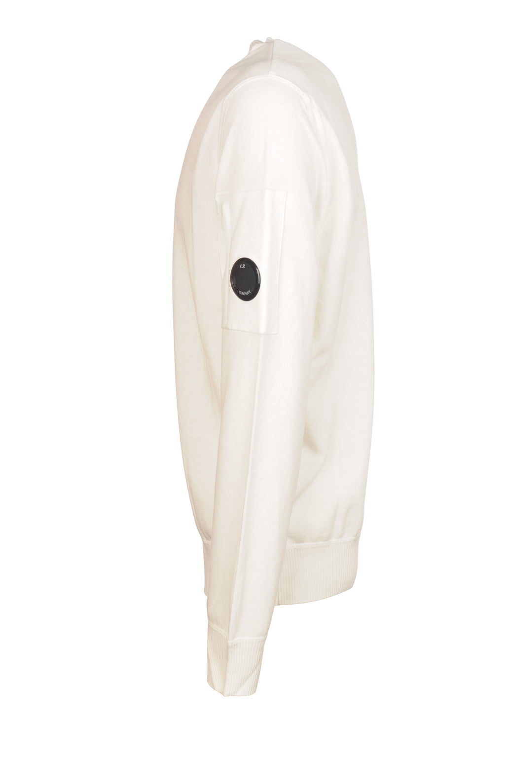 Close-up dettagli, maglia girocollo bianco C.P. Company da uomo in cotone
