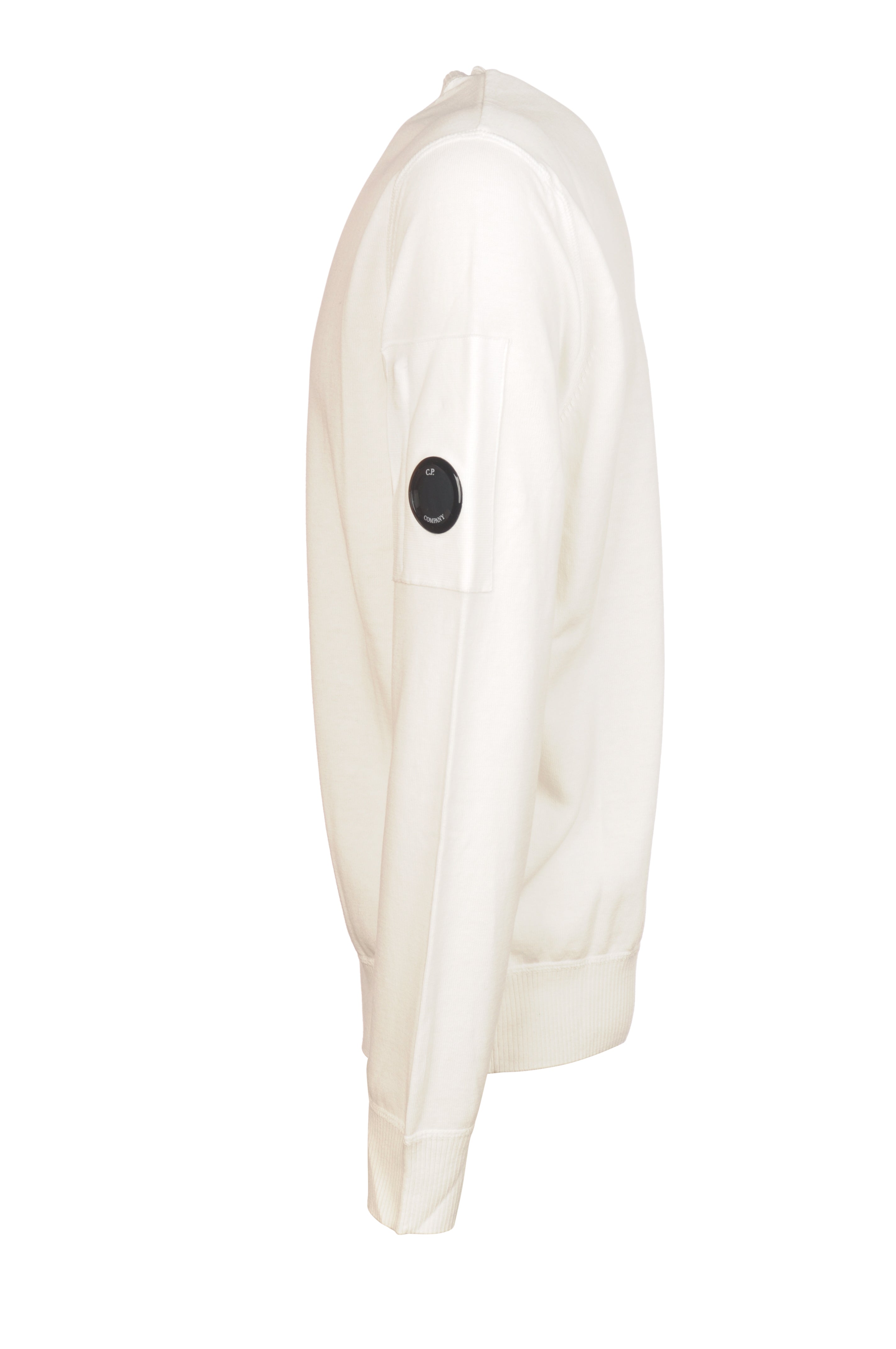 Close-up dettagli, maglia girocollo bianco C.P. Company da uomo in cotone