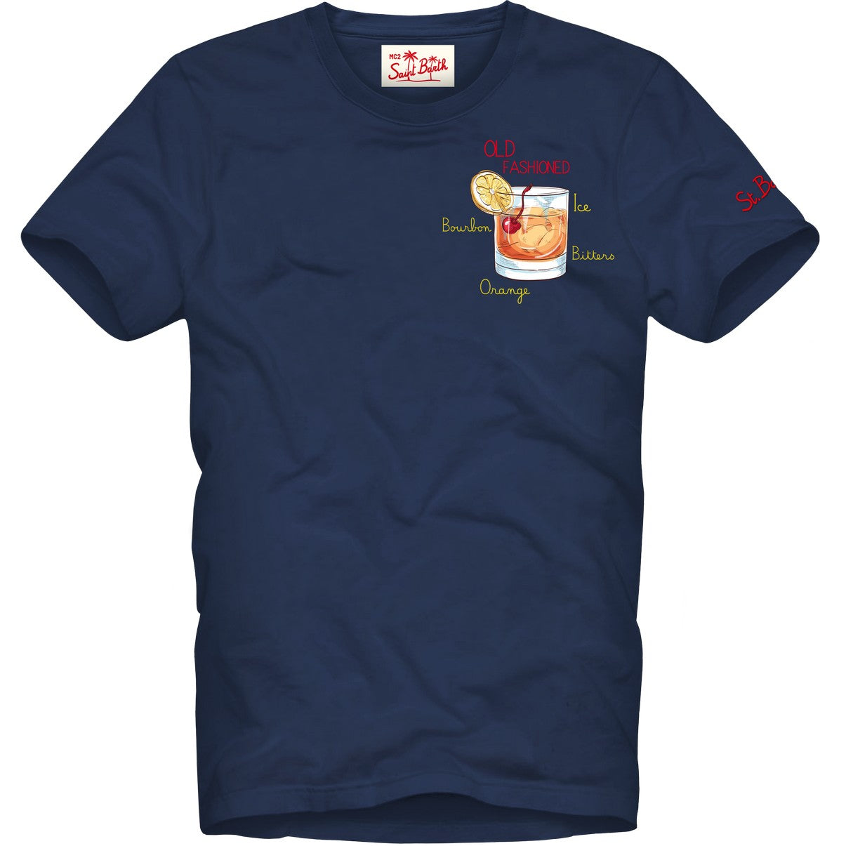 T-shirt su sfondo neutro frontale t-shirt blu scritta “Old Fashion Bourbon Or” Saint Barth