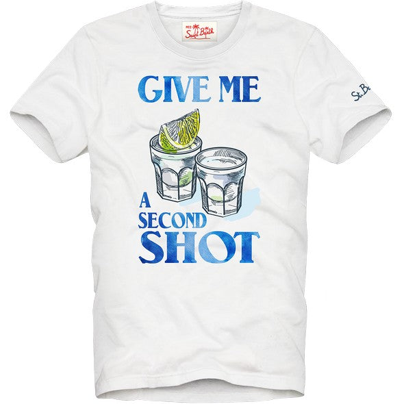 Close-up dettagli t-shirt bianco stampa Saint Barth Second manica corta