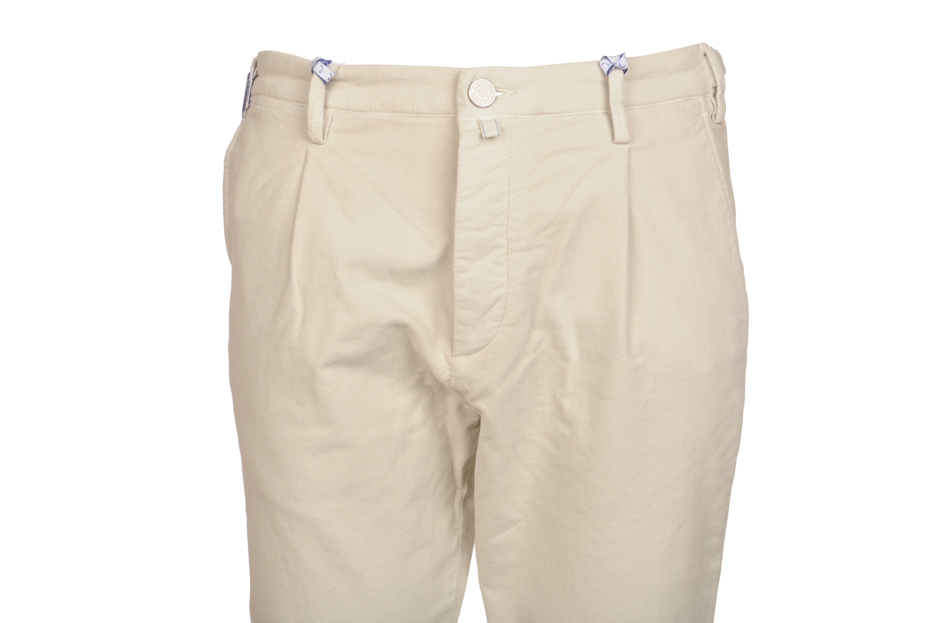 Close‑up of the pony‑skin patch of pants Henry slim white Jacob Cohen