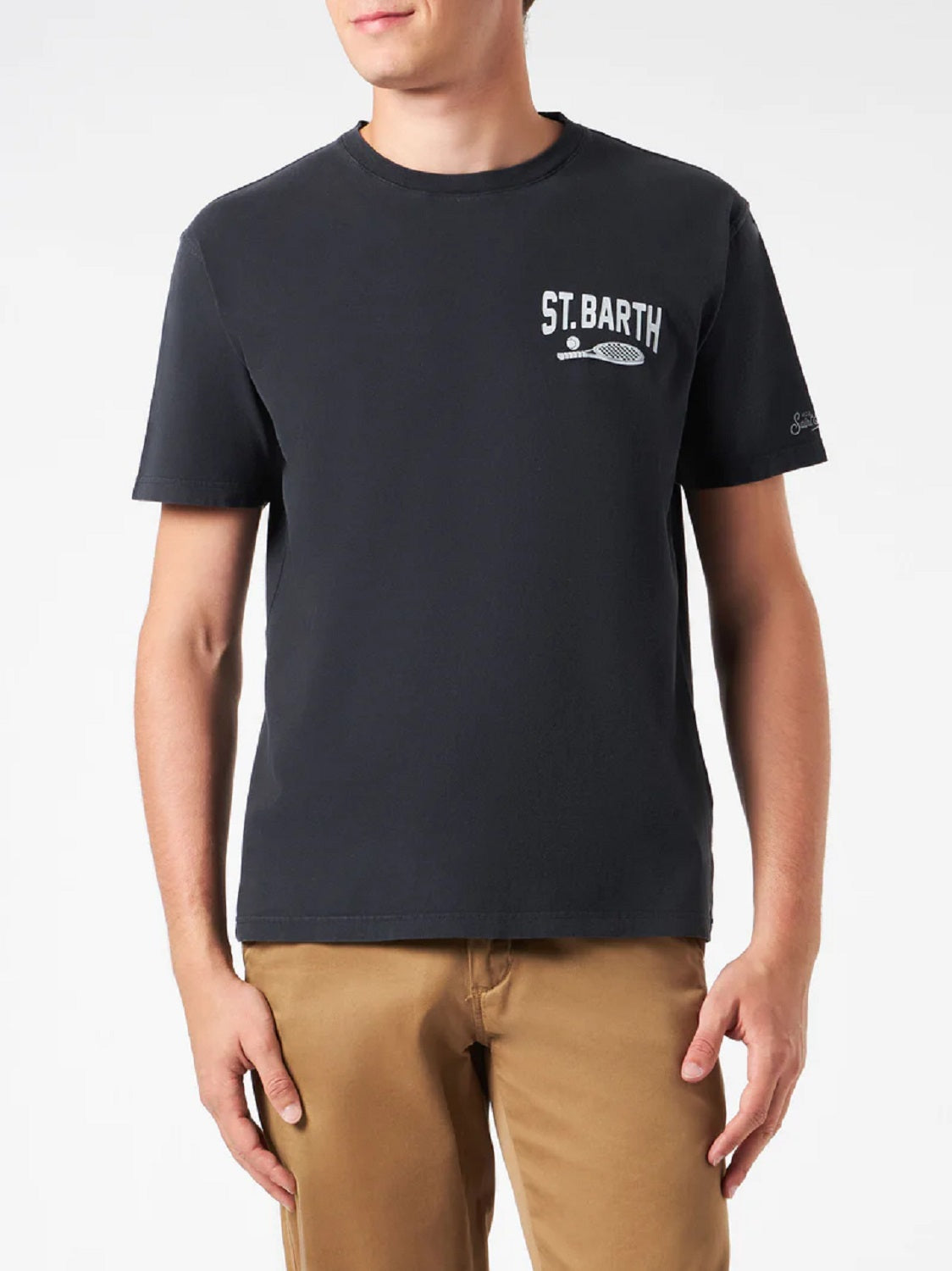 Dettaglio t-shirt nero scritta “padel” Saint Barth Arnott manica corta