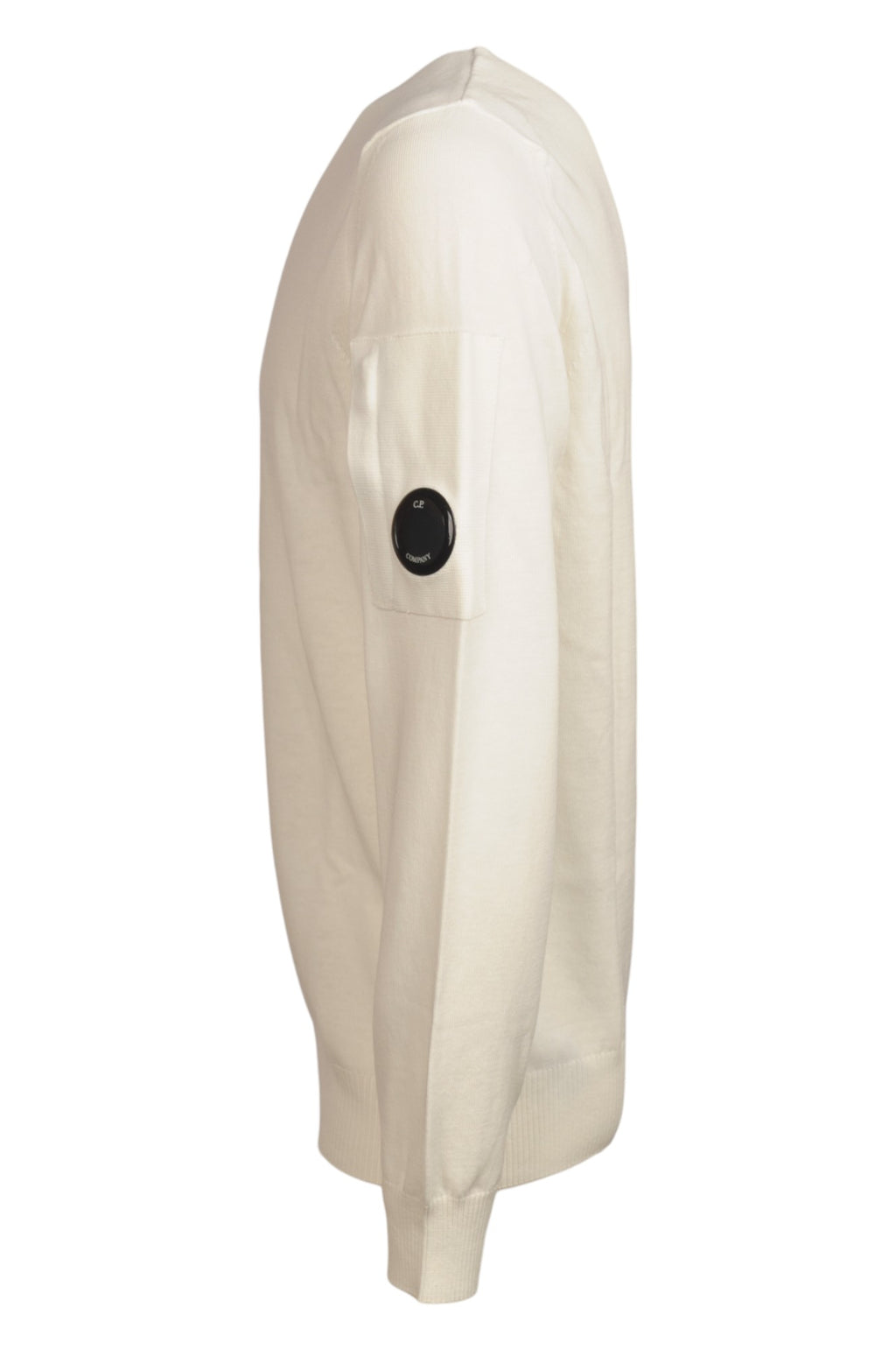 Maglione vista da dietro, maglione bianco taschino con lente taschino C.P. Company da uomo in cotone