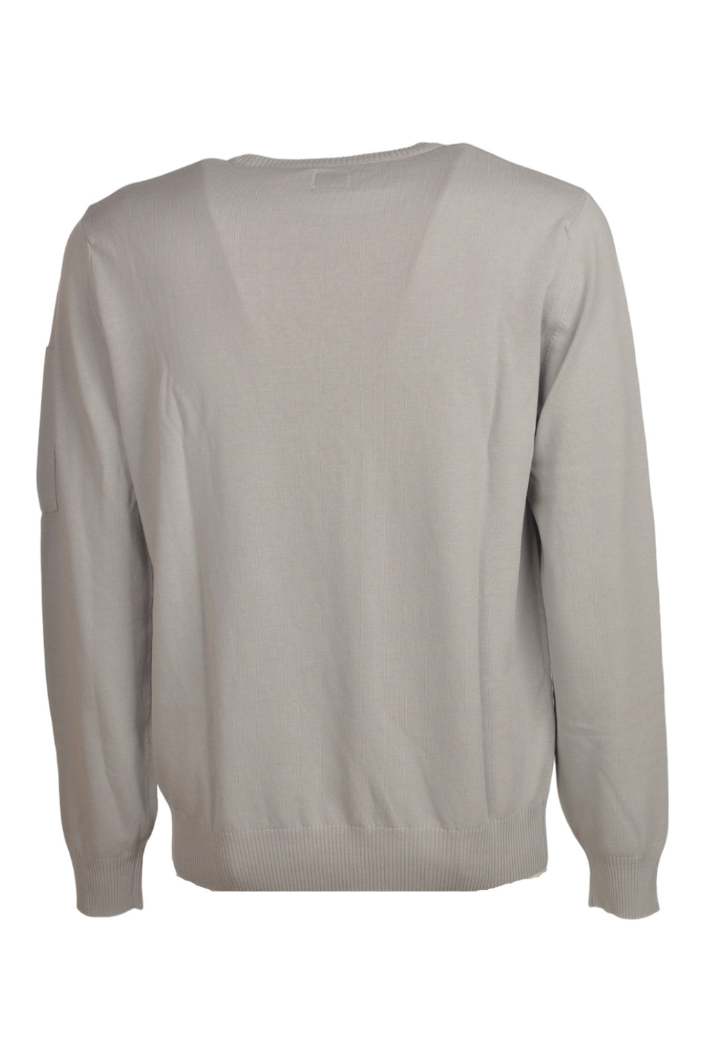 Maglia girocollo vista da dietro, maglia girocollo grigio perla taschino con lente taschino C.P. Company da uomo in cotone