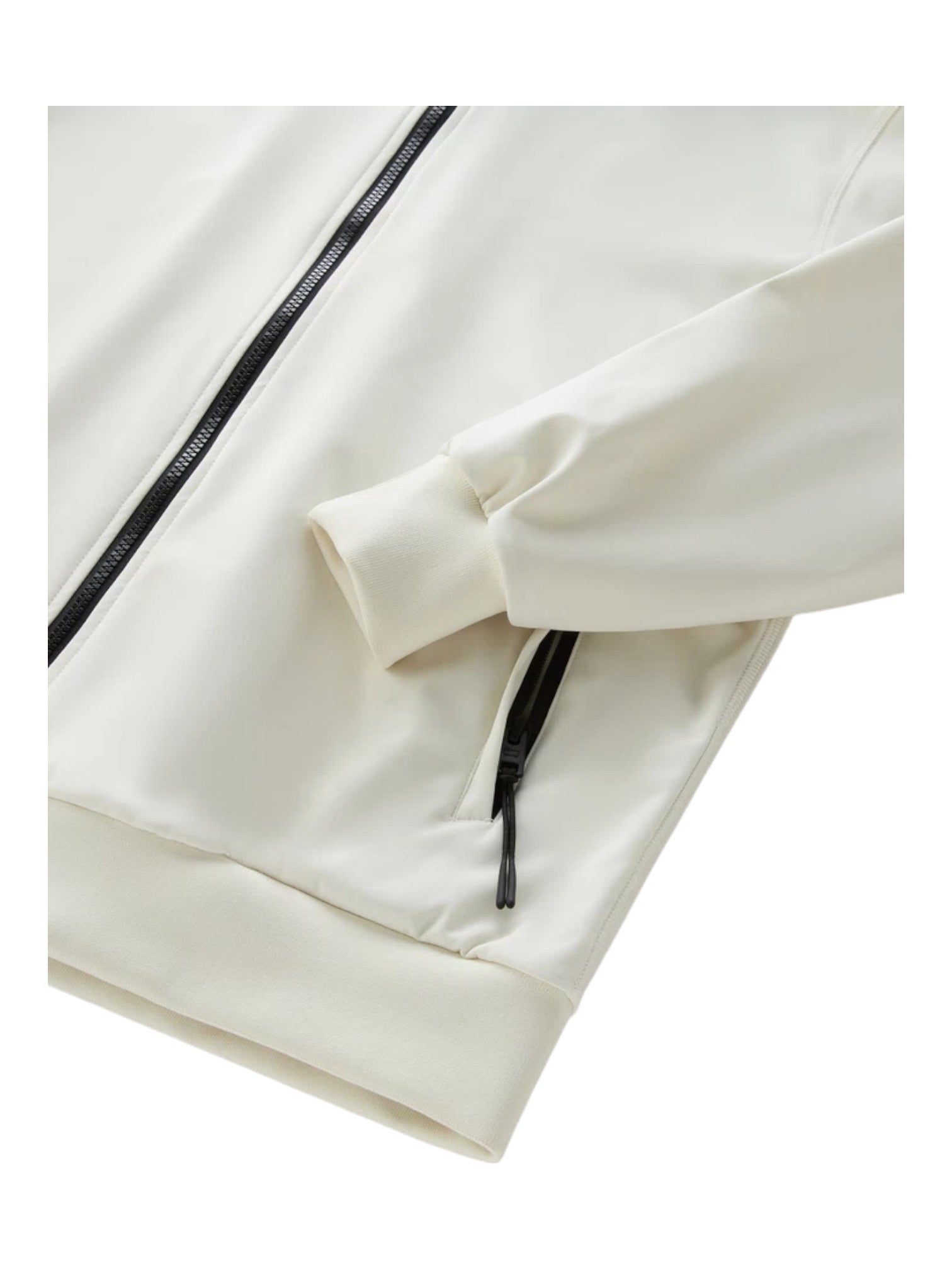 Modello indossa felpa softshell bianca con cappuccio e zip Woolrich