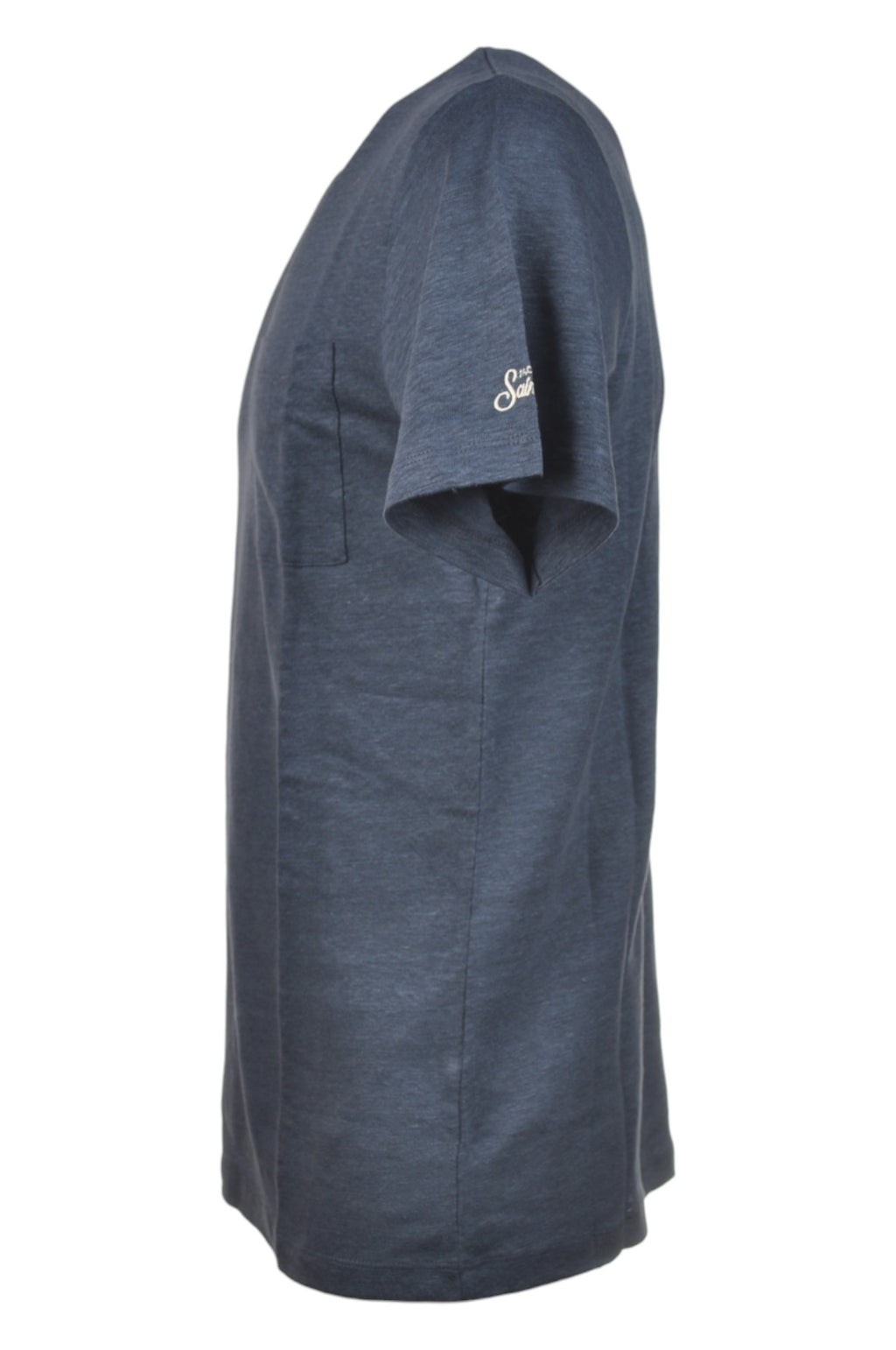 T-shirt su sfondo neutro da dietro t-shirt blu texture lino Saint Barth lino