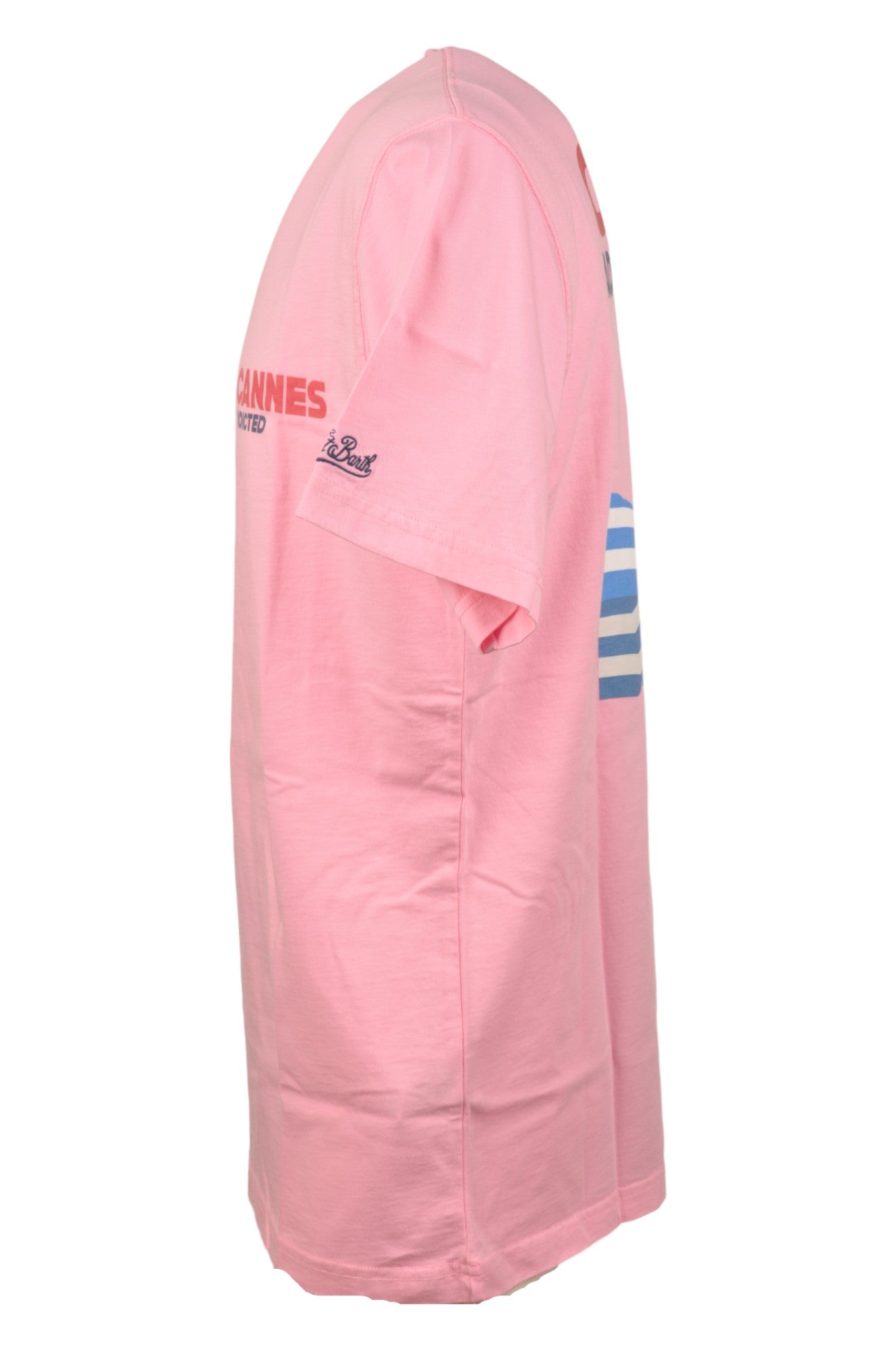 Close-up dettagli t-shirt rosa scritta “CANNES Addicted” Saint Barth cotone