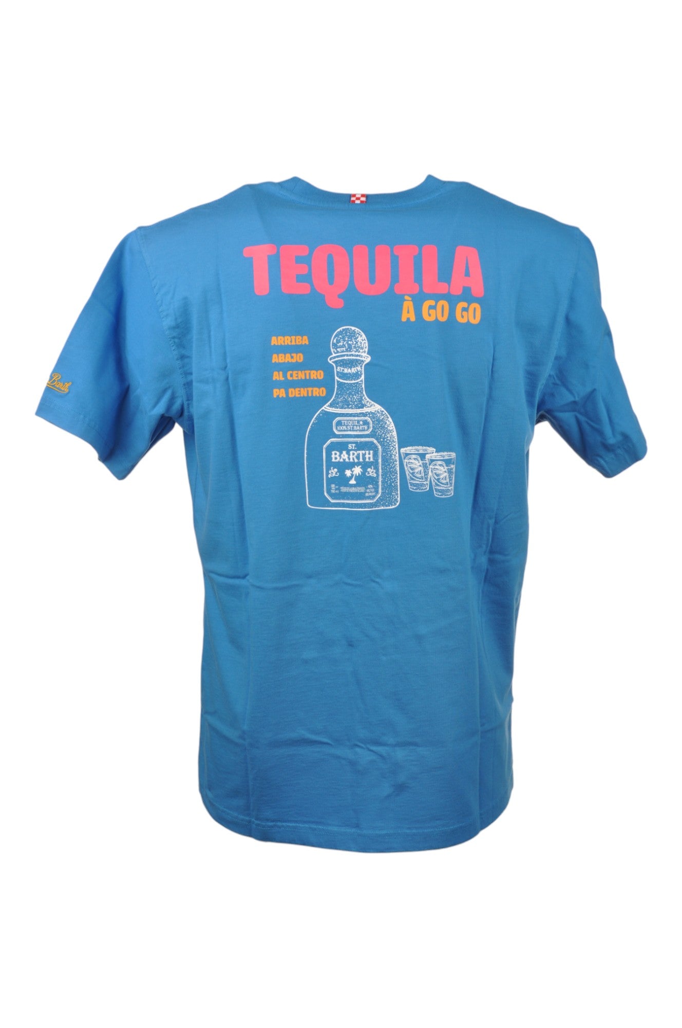 Close-up dettagli t-shirt bluette scritta “TEQUILA a Go Go” Saint Barth cotone