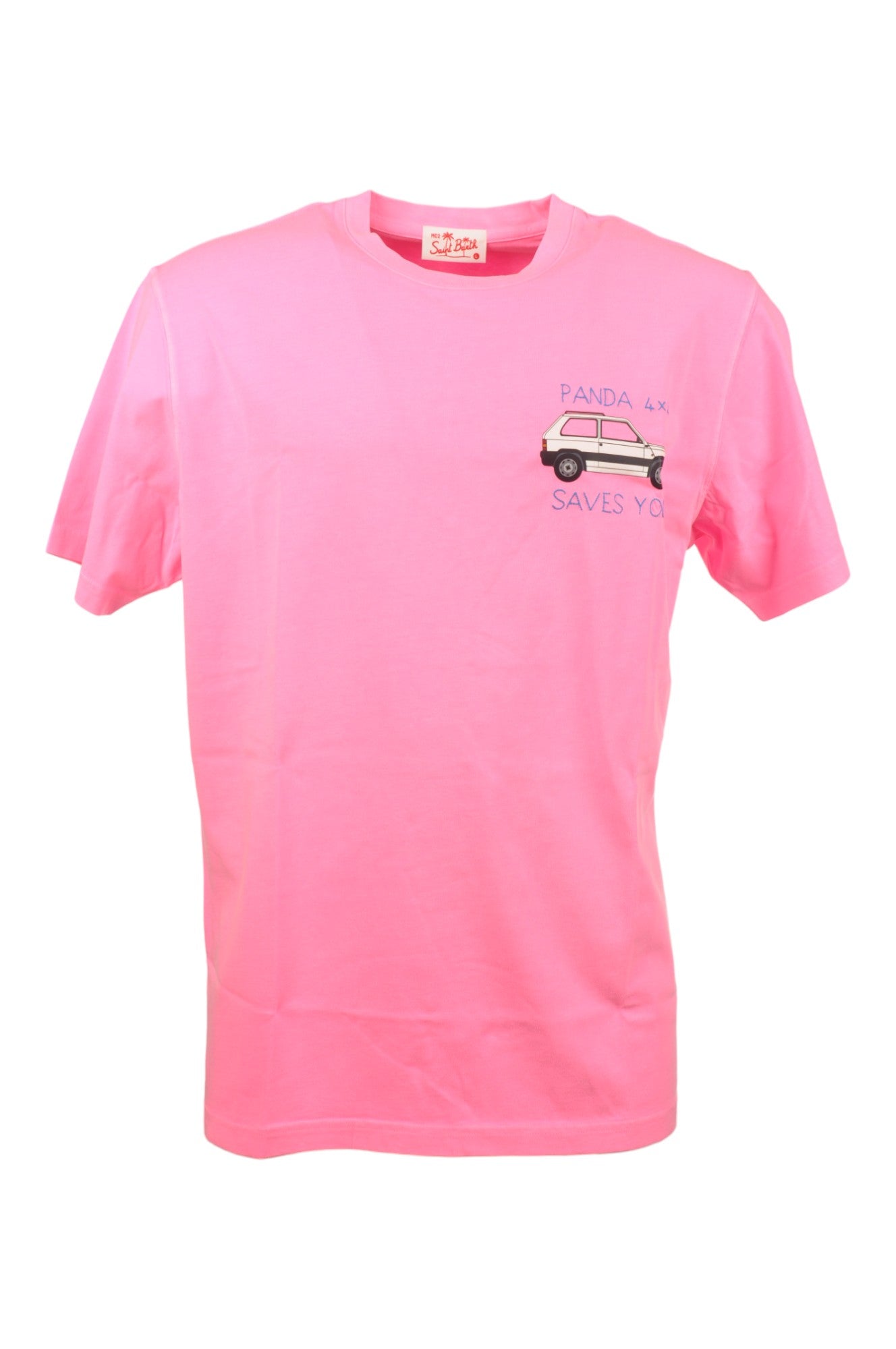 Close-up dettagli t-shirt fucsia scritta “Panda 4 x 4 Save You” Saint Barth cotone