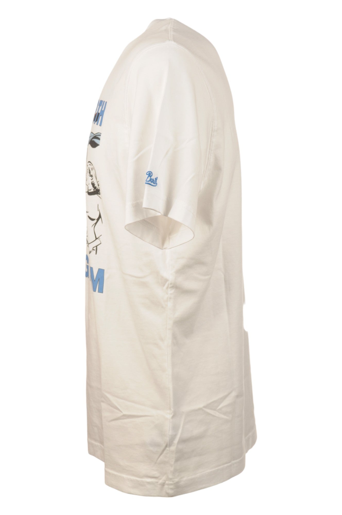 Close-up dettagli t-shirt bianco scritta “St.Barth” Saint Barth cotone