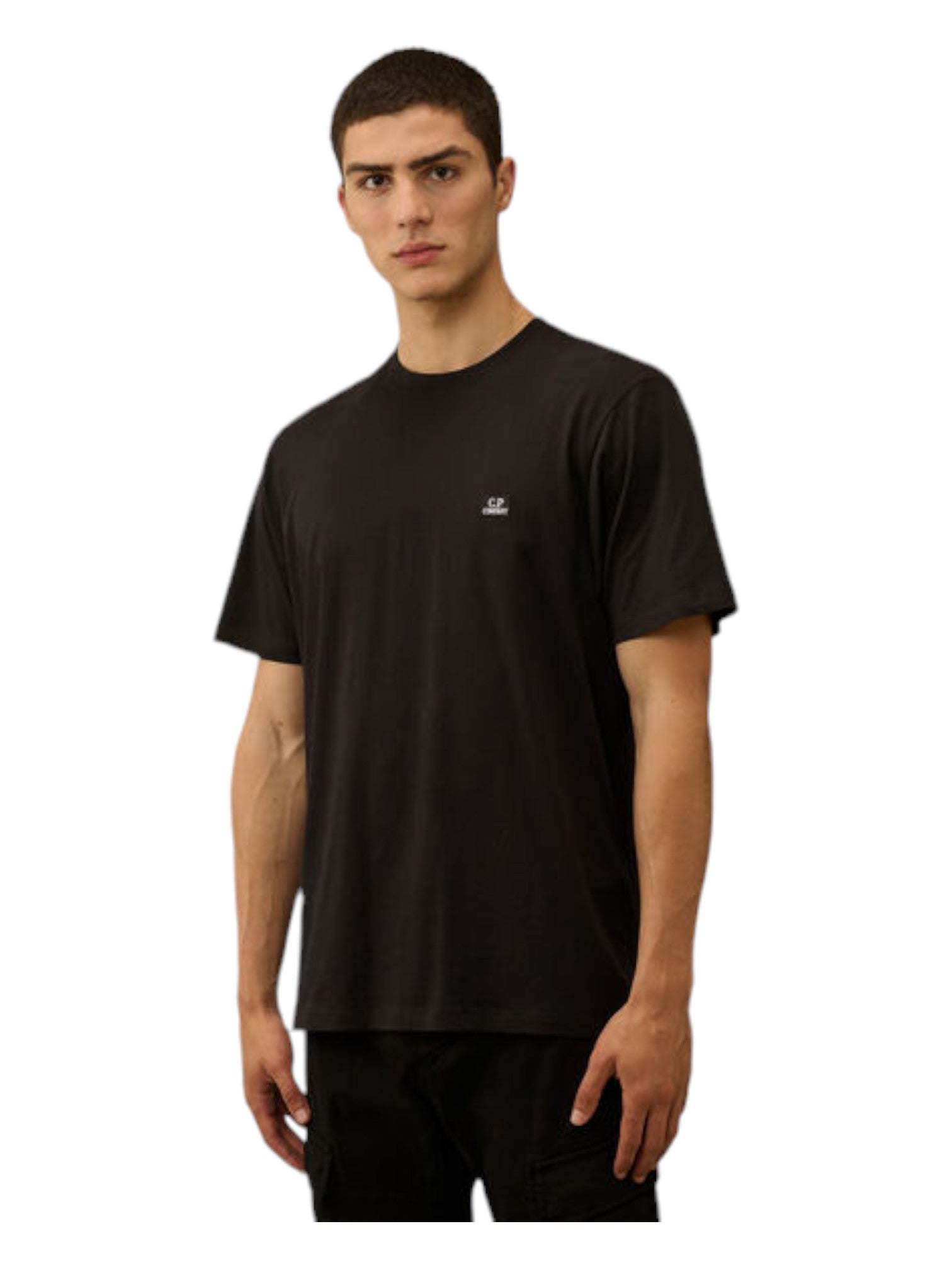 Modello a 45 gradi con t-shirt nero nan logo ricamato logo patch logo Ricamato Patch cotone jersey