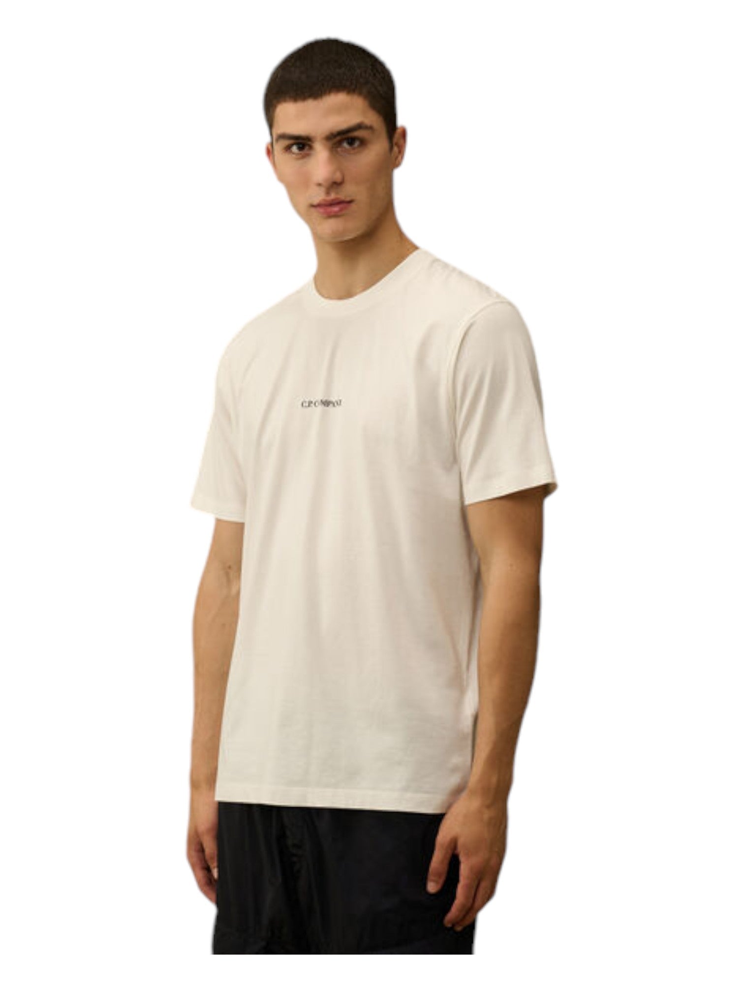 Modello a 45 gradi con t-shirt bianco nan logo Stampa cotone jersey