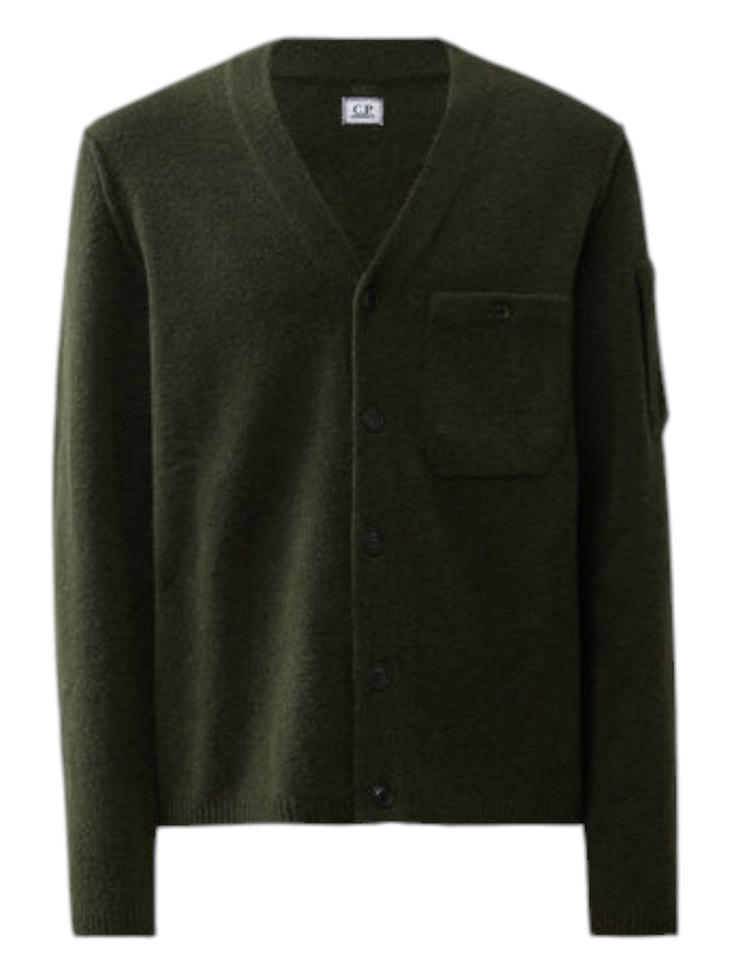 Close-up dettagli, cardigan muschio taschino con lente taschino C.P. Company da uomo in lana