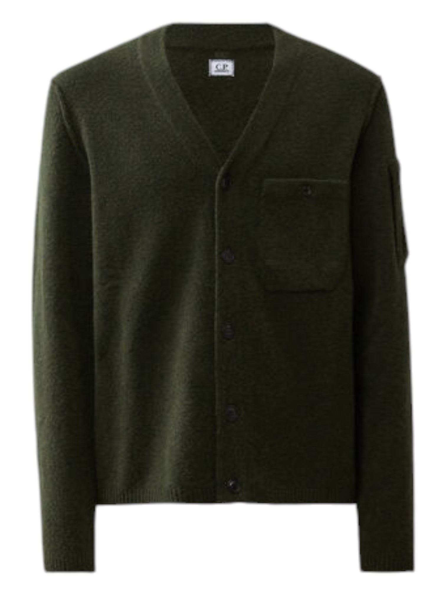 Close-up dettagli, cardigan muschio taschino con lente taschino C.P. Company da uomo in lana