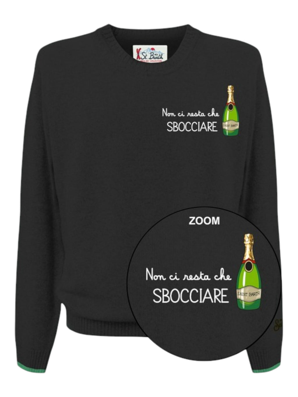 Maglione da dietro su sfondo neutro girocollo scritta restasbocciare nero Saint Barth Heronlight in lana