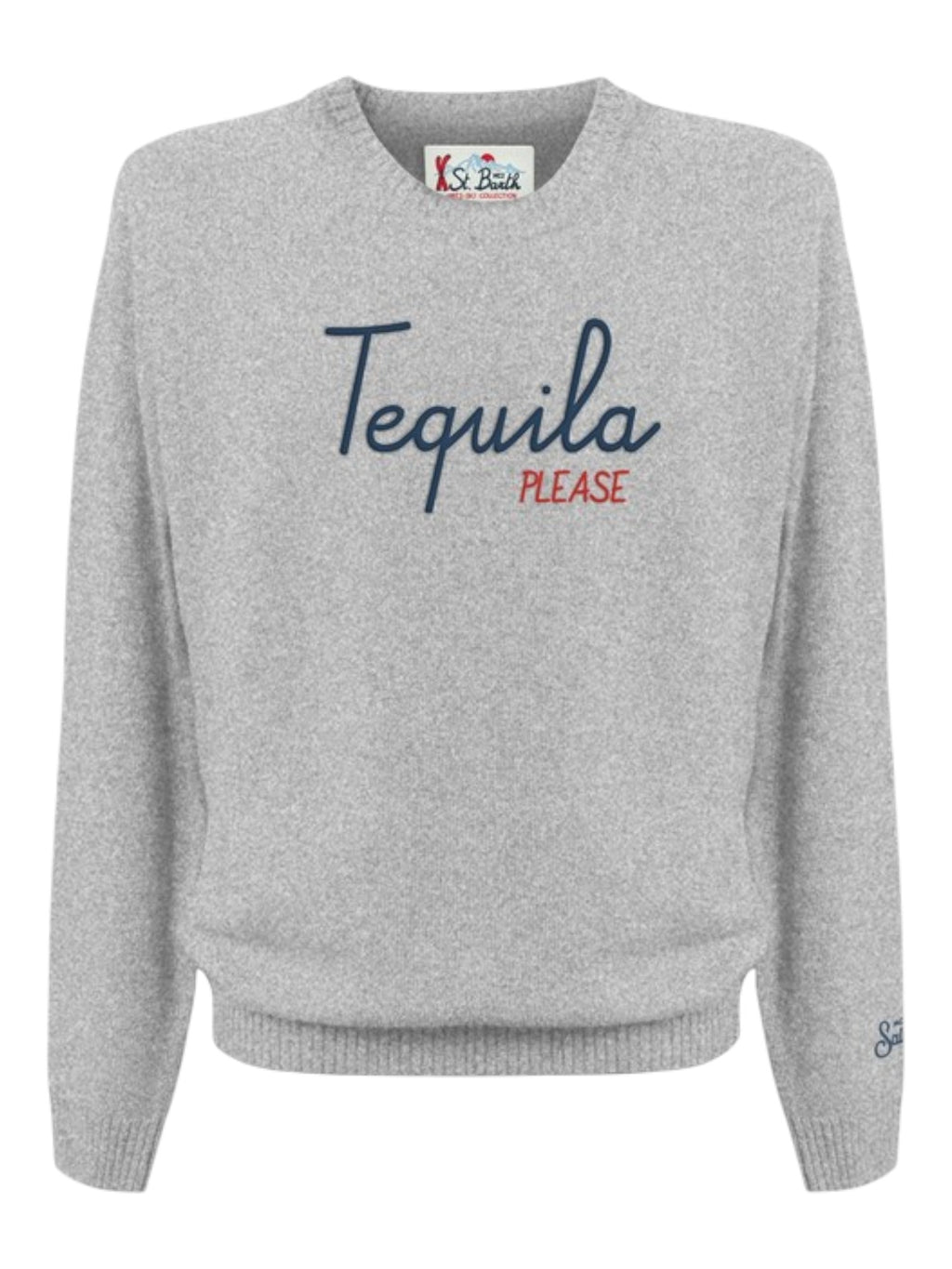 Maglione frontale su sfondo neutro girocollo scritta tequilaplease grigio Saint Barth Heronlight in poliammide