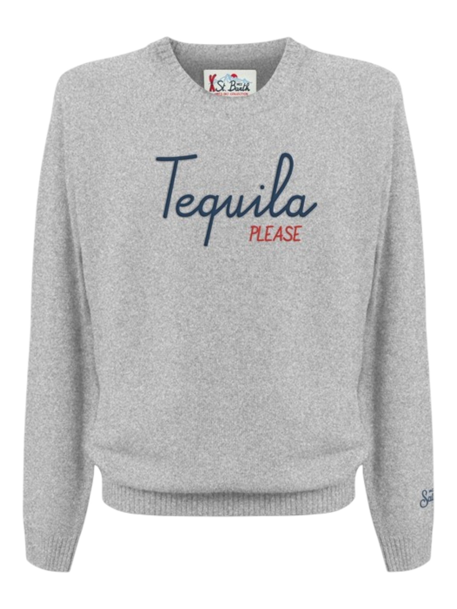 Maglione frontale su sfondo neutro girocollo scritta tequilaplease grigio Saint Barth Heronlight in poliammide