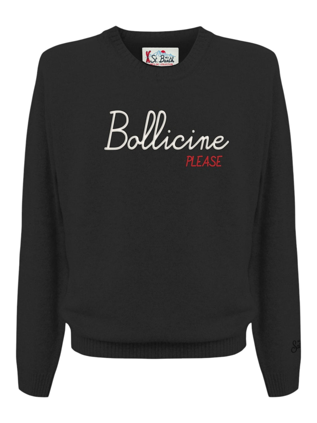 Maglione frontale su sfondo neutro girocollo scritta bollicineplease nero Saint Barth Heron in lana