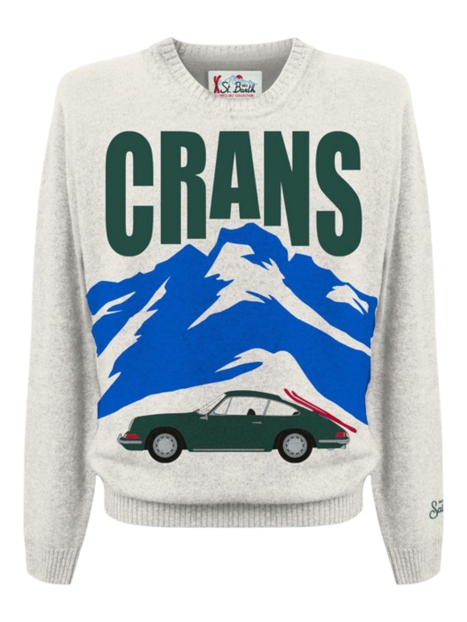 Maglione da dietro su sfondo neutro girocollo scritta crancsmont bianco Saint Barth Heronc in lana