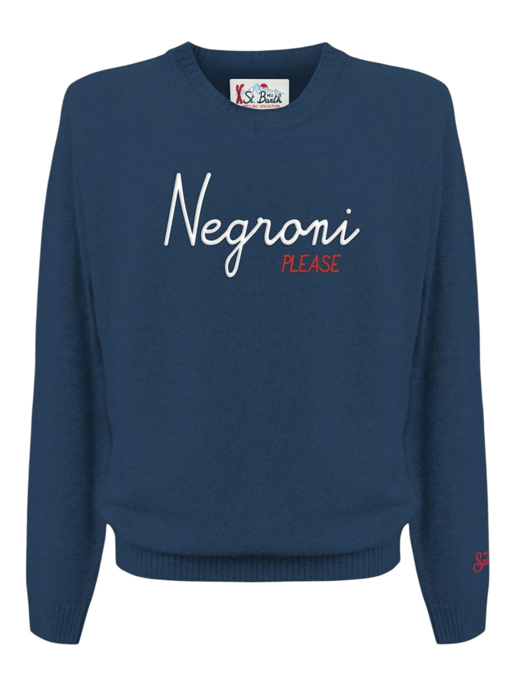 Maglione frontale su sfondo neutro girocollo scritta negroniplease blu Saint Barth Heron in lana