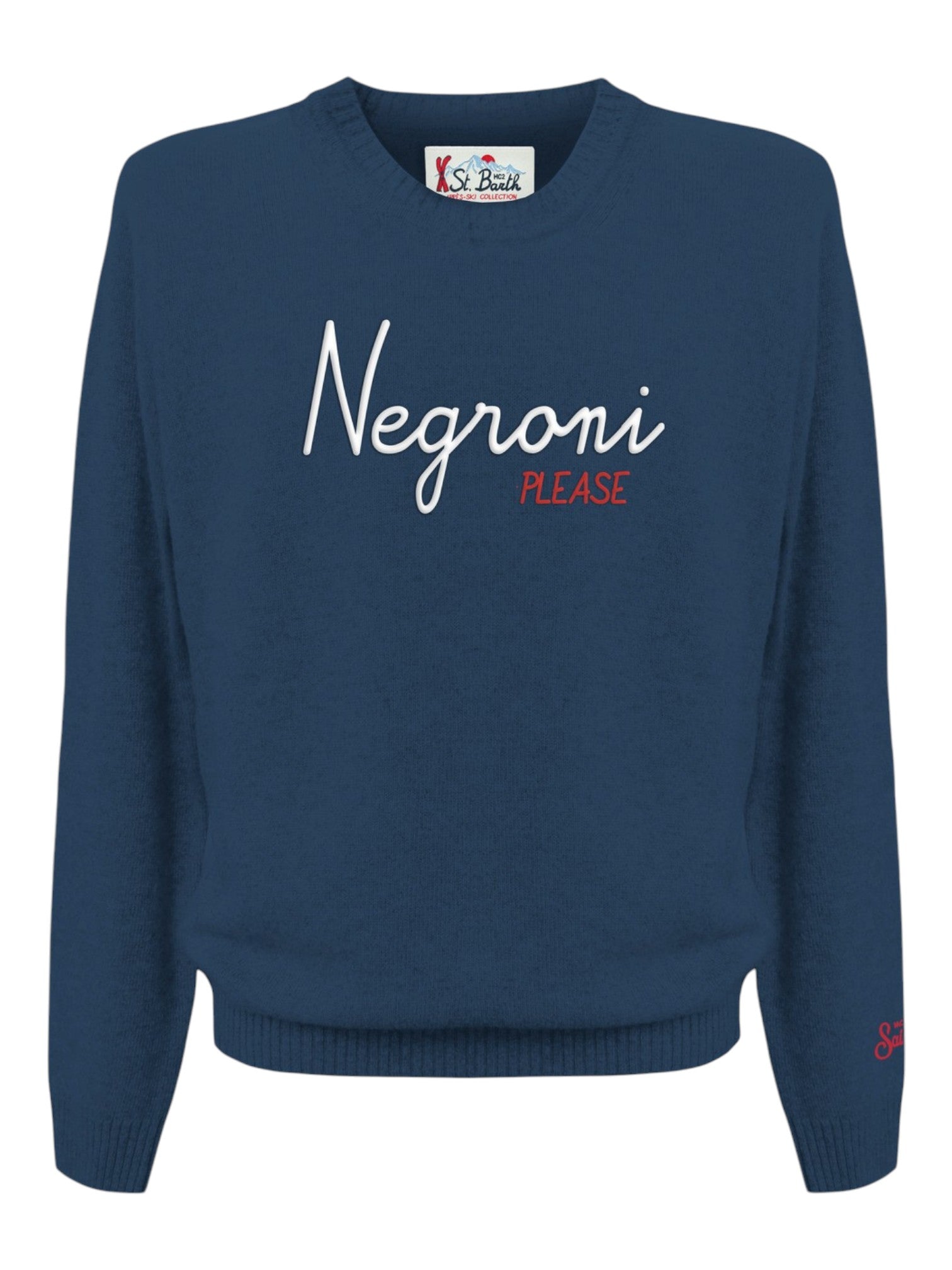 Maglione frontale su sfondo neutro girocollo scritta negroniplease blu Saint Barth Heron in lana