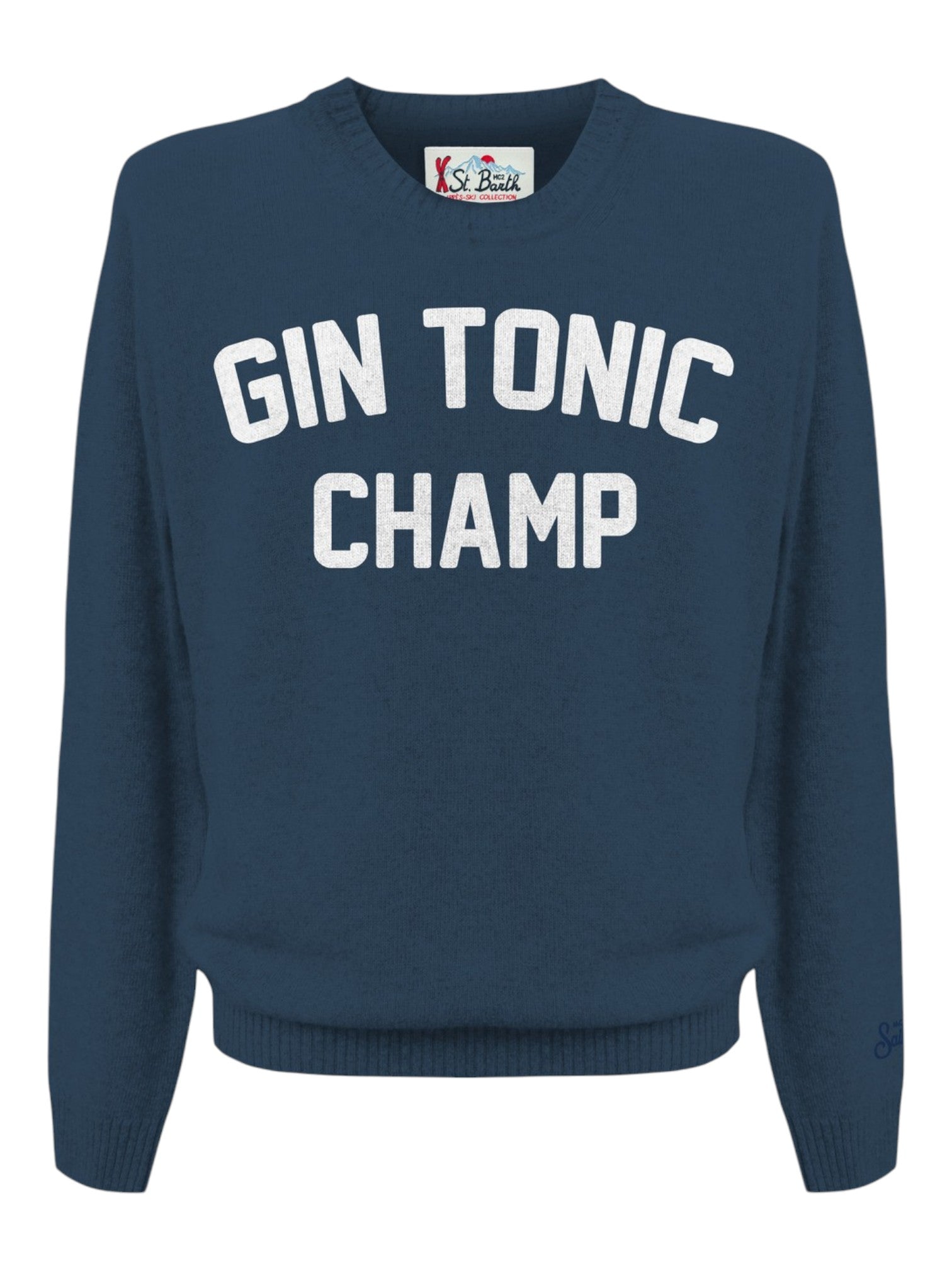 Maglione frontale su sfondo neutro girocollo scritta gintonichamp blu Saint Barth Heron in lana