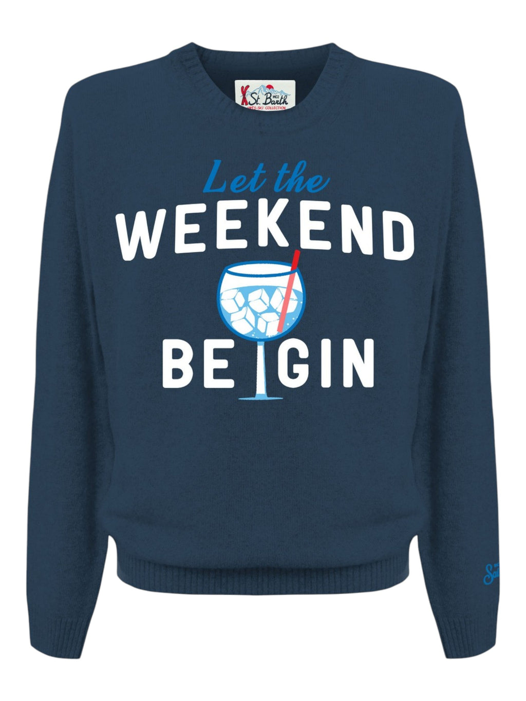 Dettaglio ravvicinato girocollo scritta weekendbe gin blu Saint Barth Heron in lana