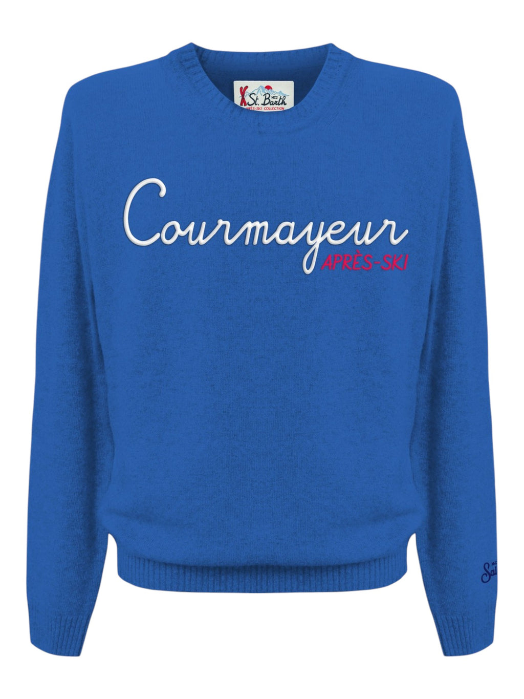 Maglione da dietro su sfondo neutro girocollo scritta courmaapres bluette Saint Barth Heron in lana