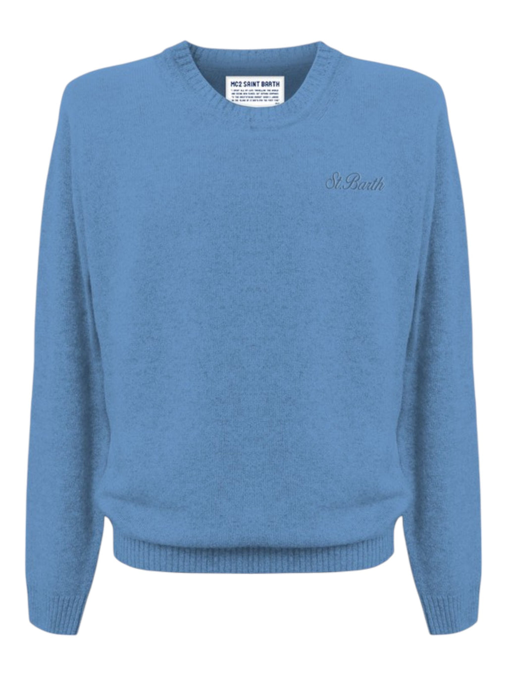 Maglione da dietro su sfondo neutro girocollo celeste Saint Barth Regent in lana di agnello