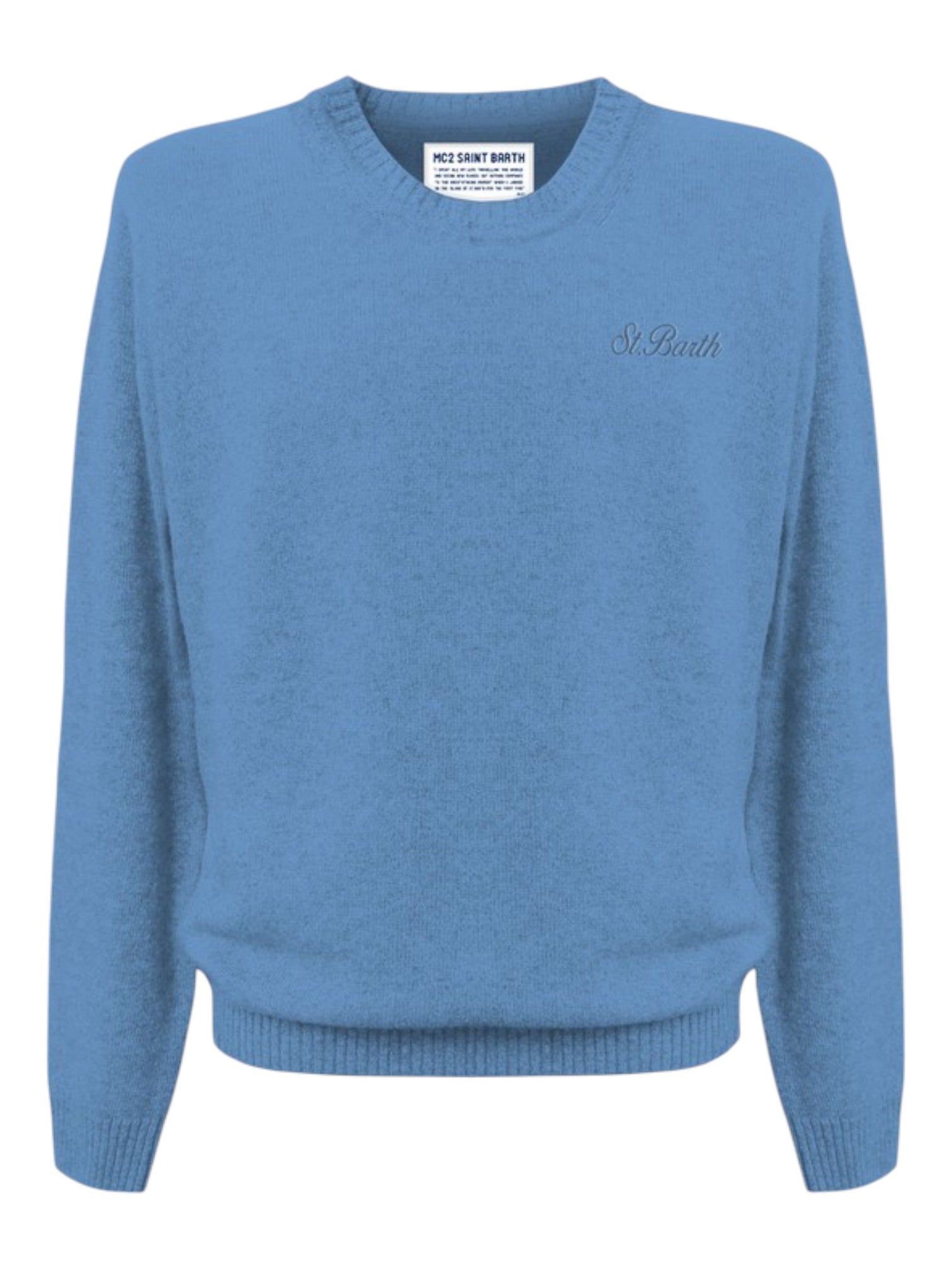 Maglione da dietro su sfondo neutro girocollo celeste Saint Barth Regent in lana di agnello