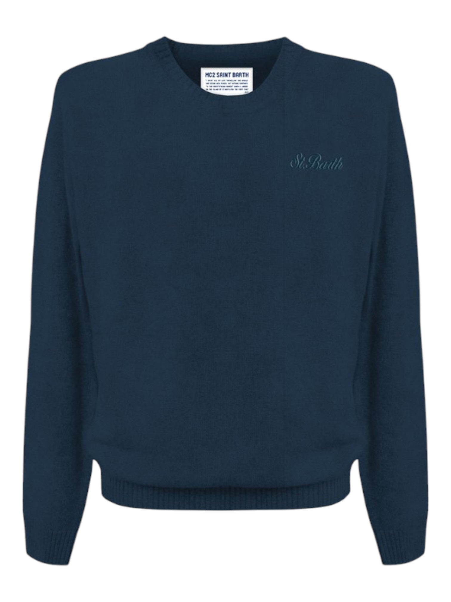 Maglione frontale su sfondo neutro girocollo blu Saint Barth Regentstrech in alpaca stretch