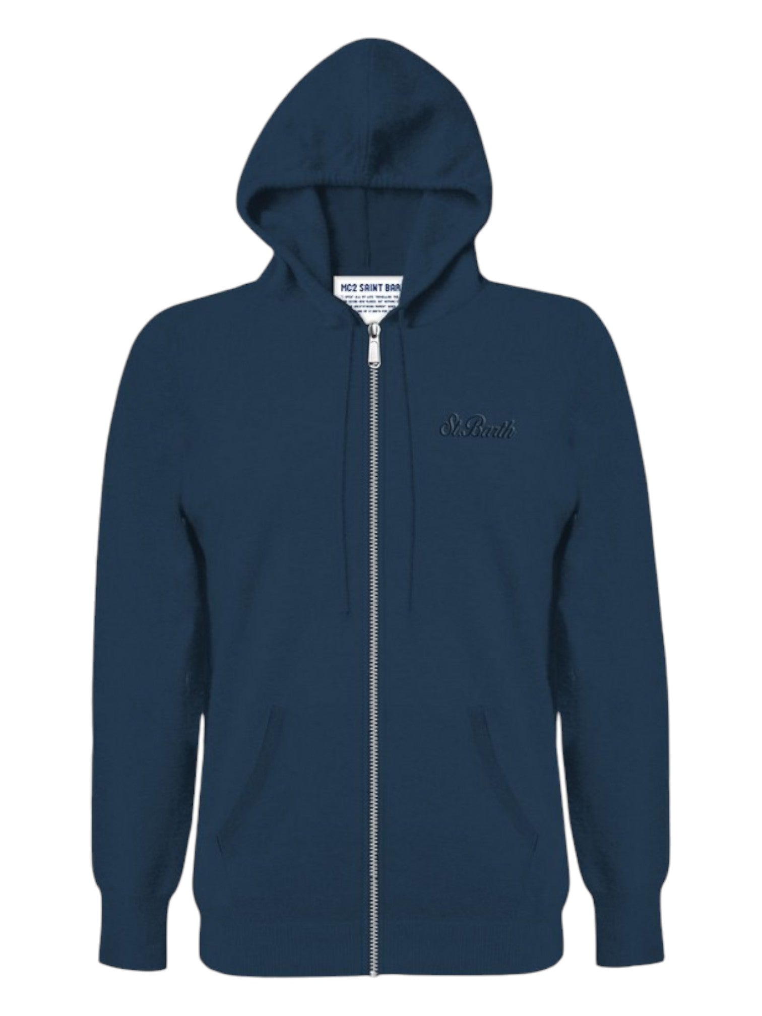 Maglione da dietro su sfondo neutro cappuccio zip blu Saint Barth Notting in lana di agnello