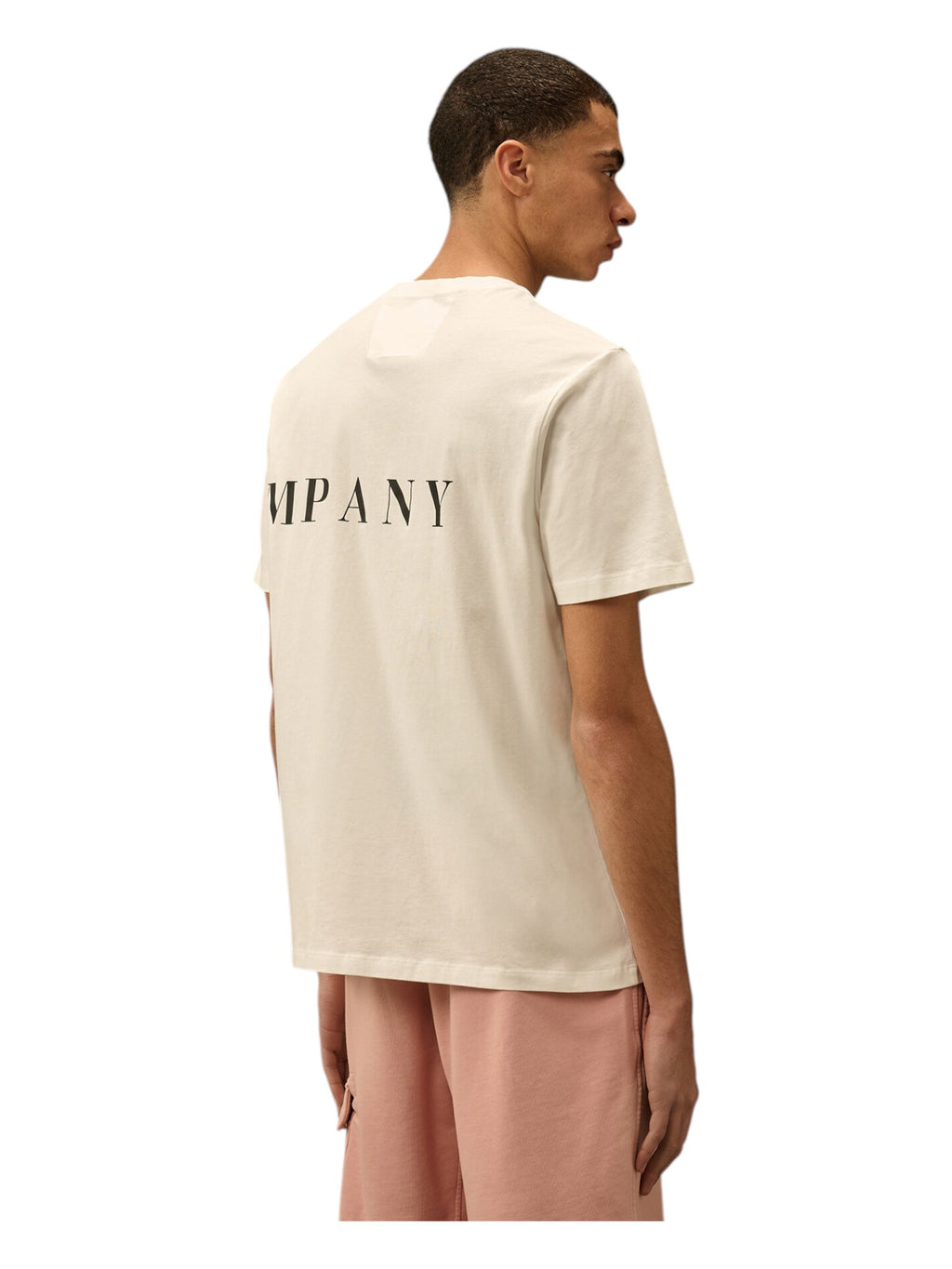 Vista da dietro di t-shirt bianco nan logo Stampa cotone con dettagli chiari