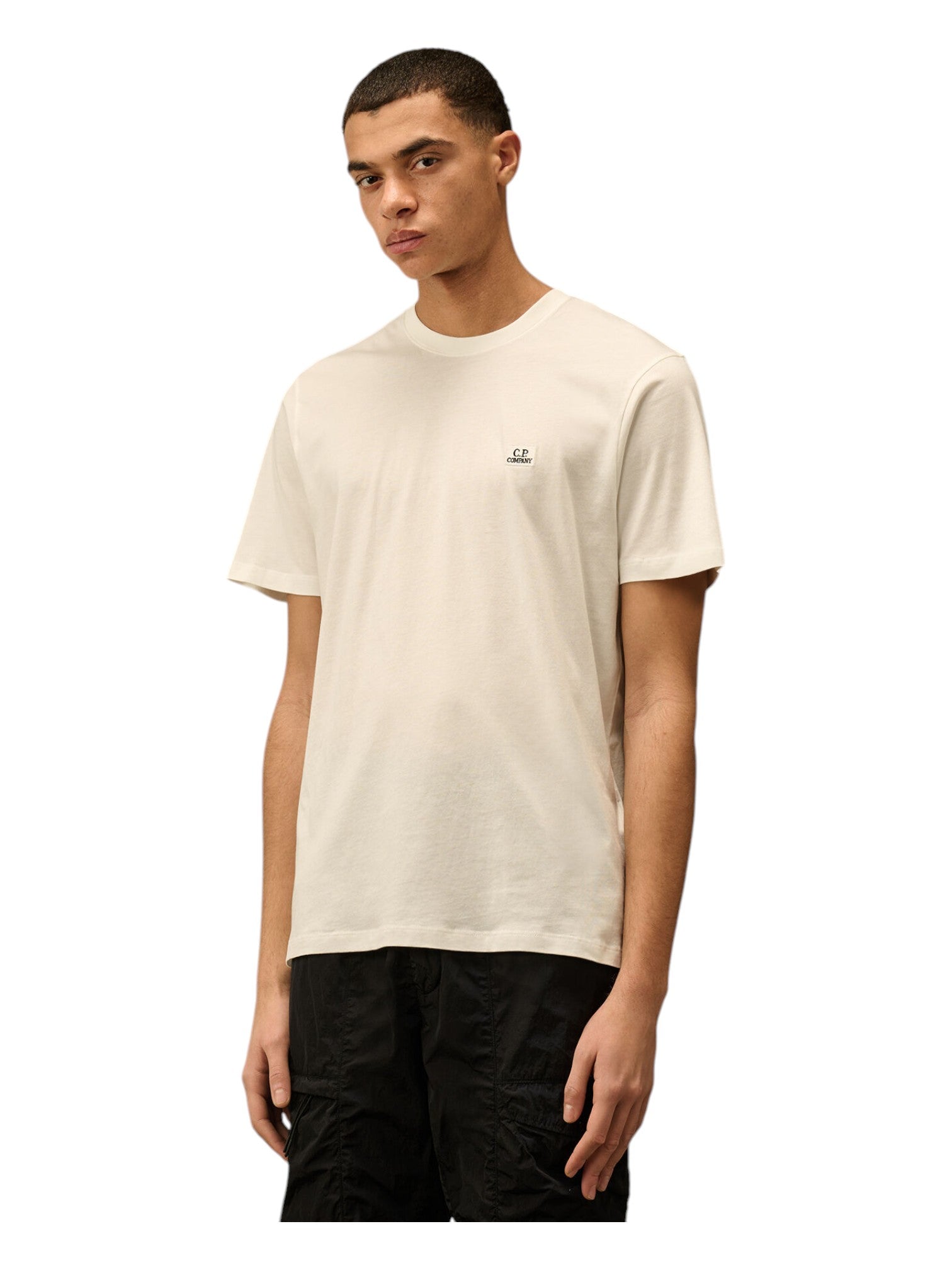 Modello a 45 gradi con t-shirt bianco nan logo ricamato logo patch logo Ricamato Patch cotone