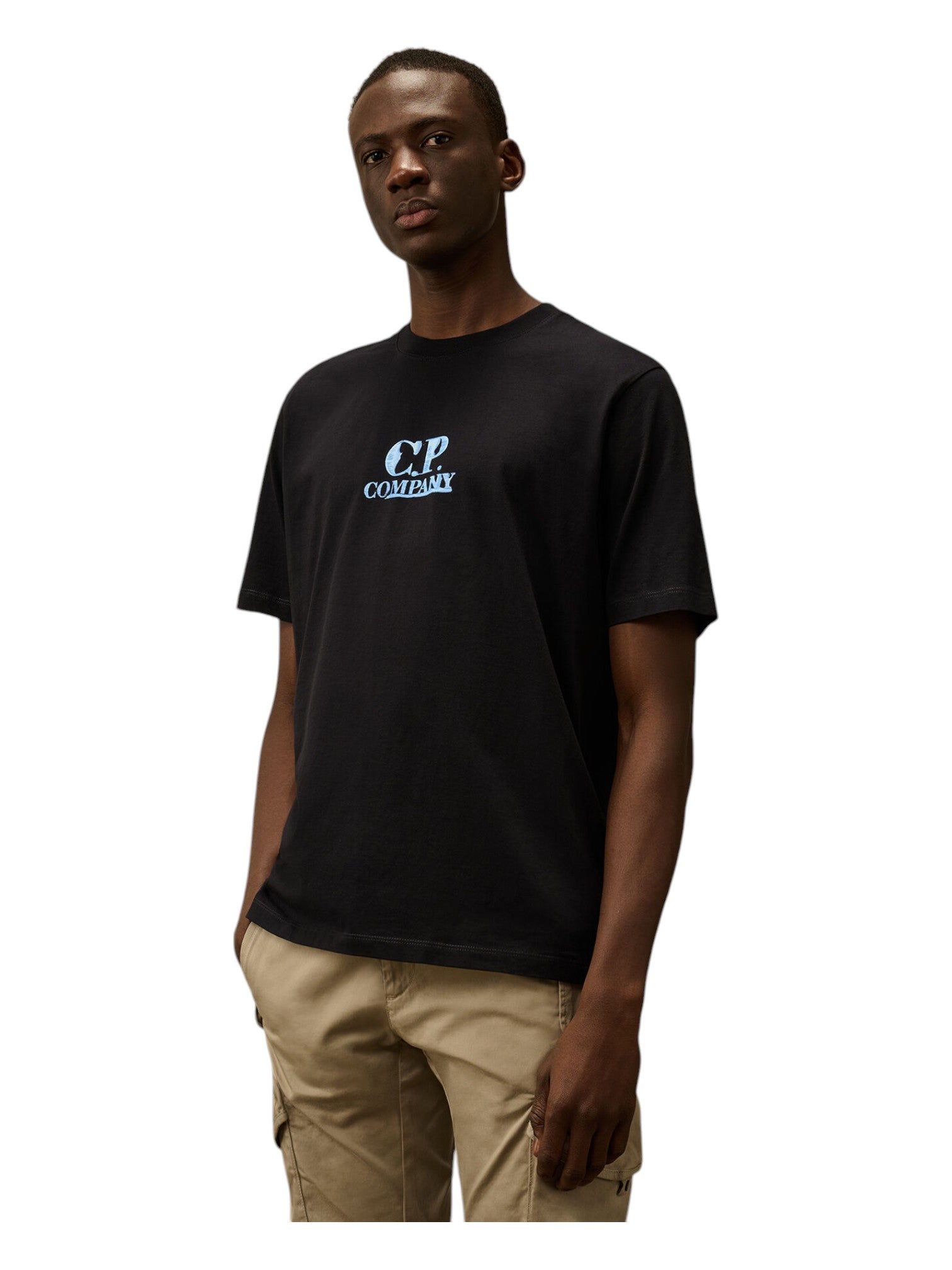 Vista da dietro di t-shirt blu nan Stampa Grafica cotone con dettagli chiari