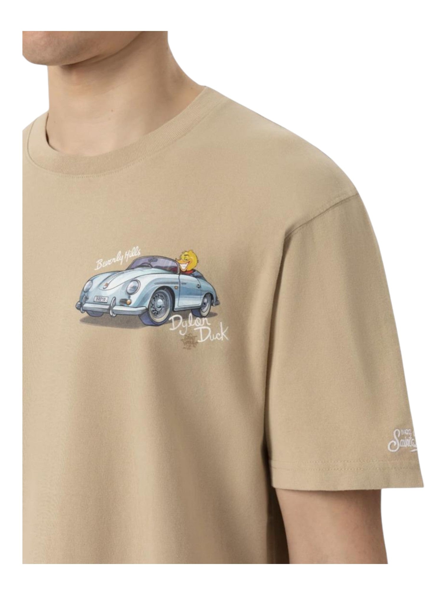 T-shirt su sfondo neutro da dietro t-shirt beige stampa Saint Barth cotone