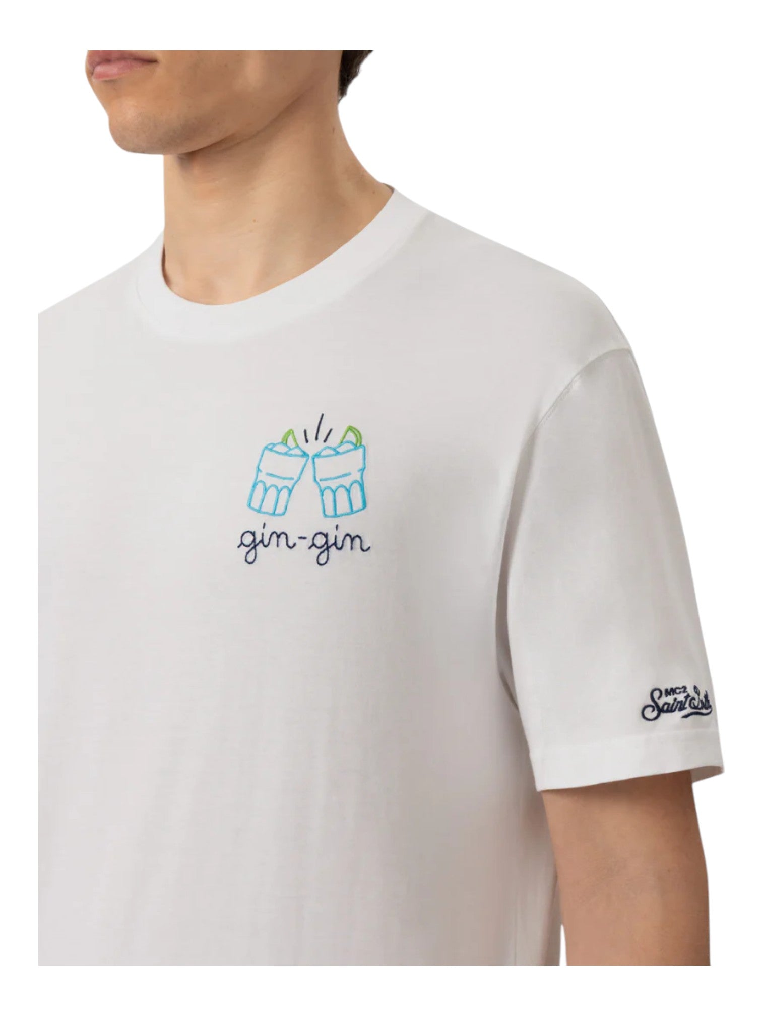Dettaglio t-shirt bianco scritta “Gin gin” Saint Barth cotone