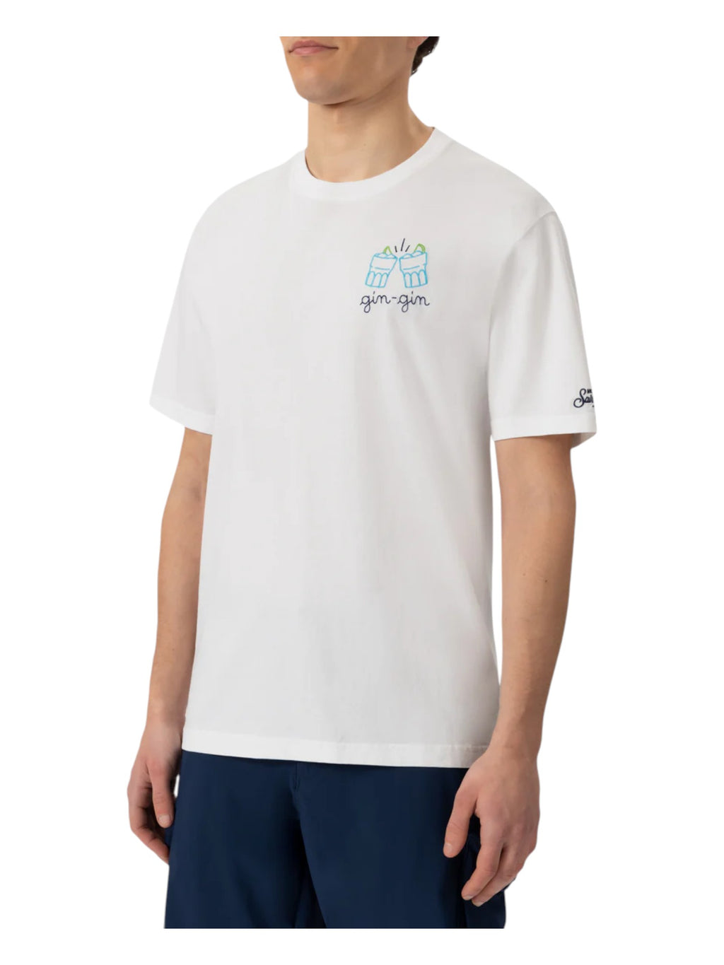 T-shirt su sfondo neutro da dietro t-shirt bianco scritta “Gin gin” Saint Barth cotone