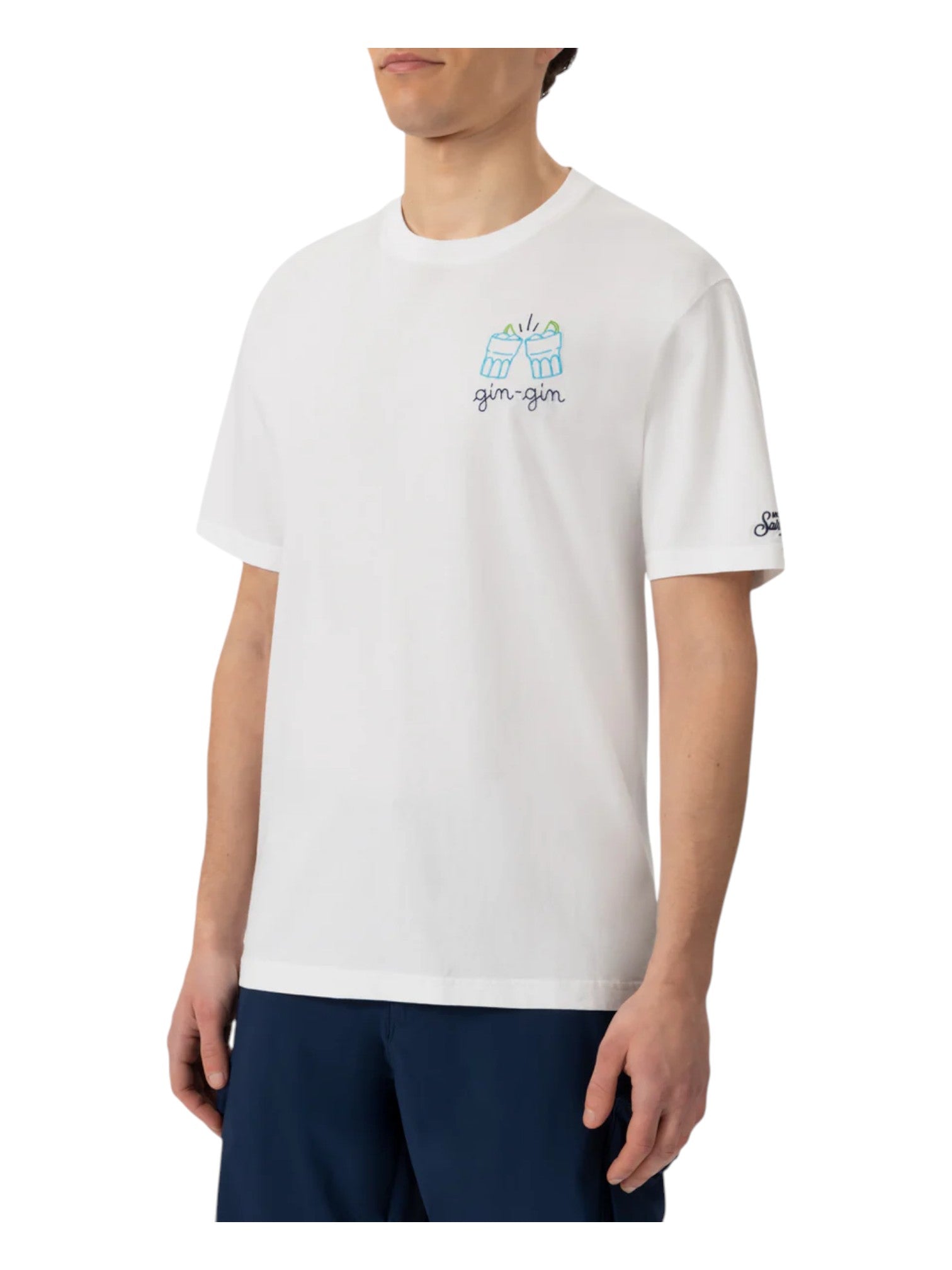 T-shirt su sfondo neutro da dietro t-shirt bianco scritta “Gin gin” Saint Barth cotone