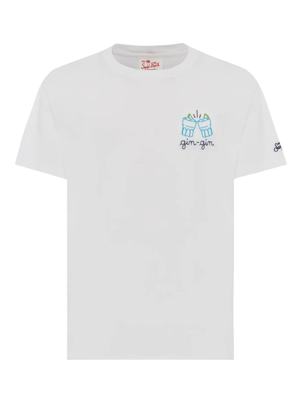 Close-up dettagli t-shirt bianco scritta “Gin gin” Saint Barth cotone
