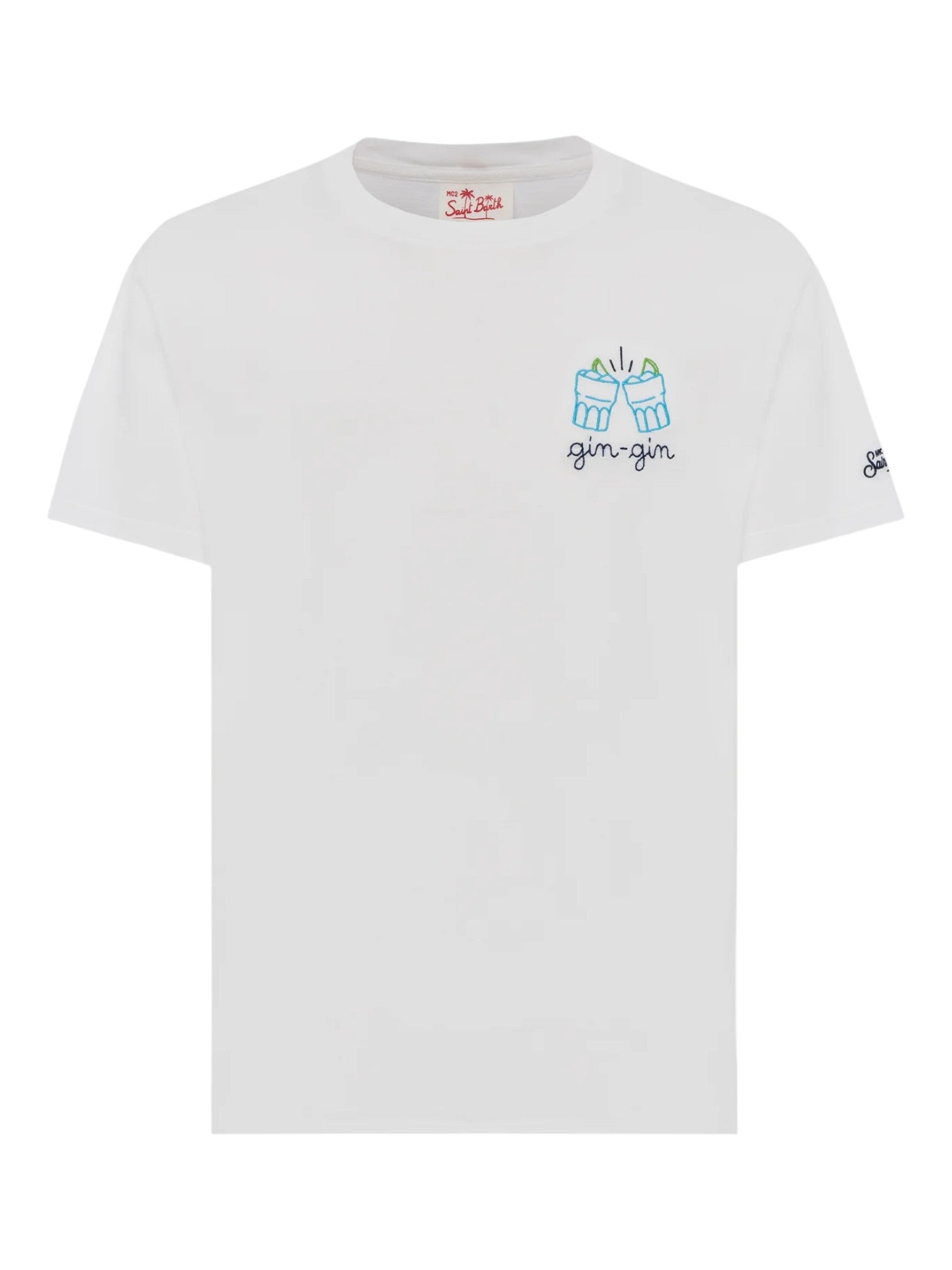 Close-up dettagli t-shirt bianco scritta “Gin gin” Saint Barth cotone