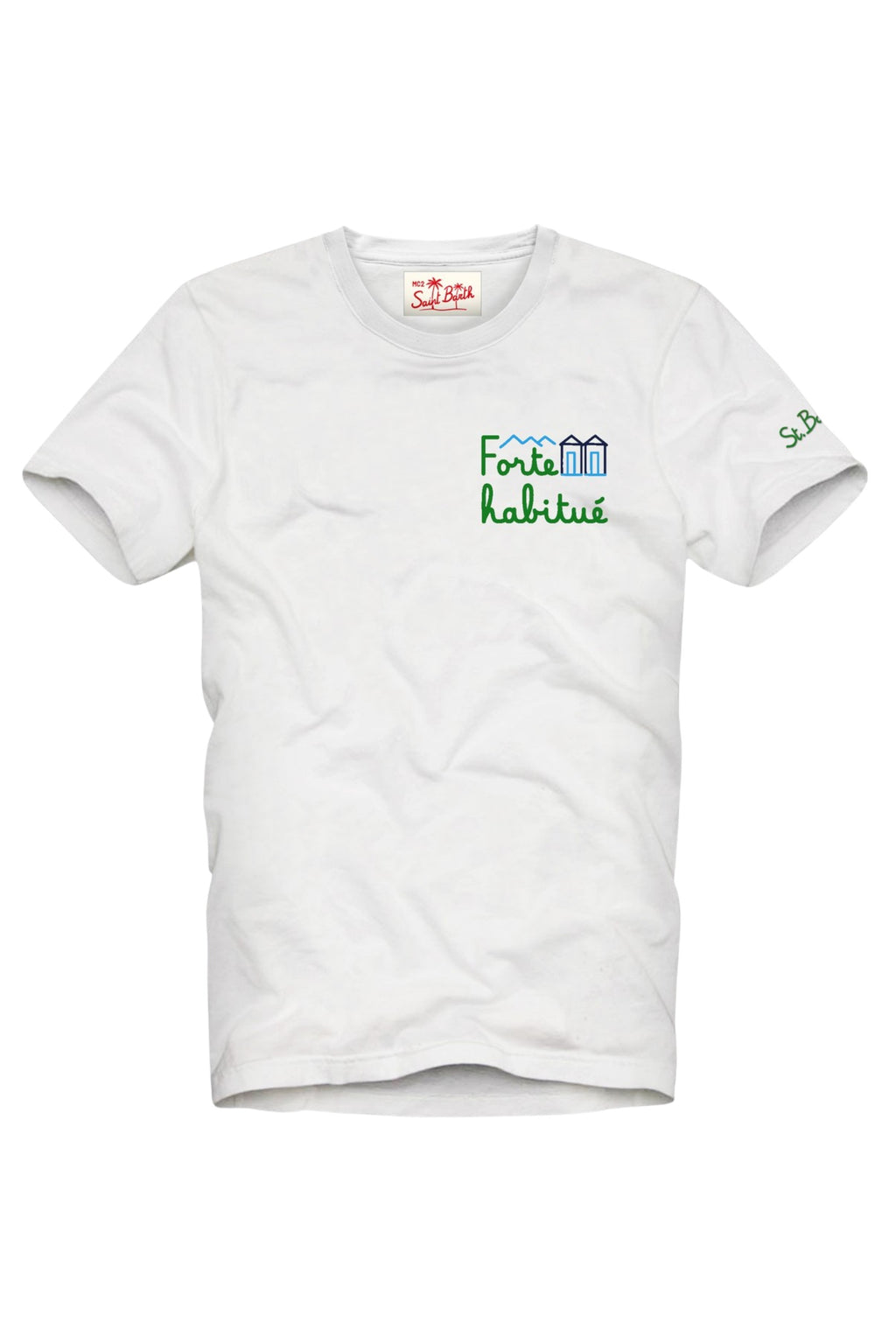 Close-up dettagli t-shirt bianco scritta “Forte Habituè” Saint Barth cotone