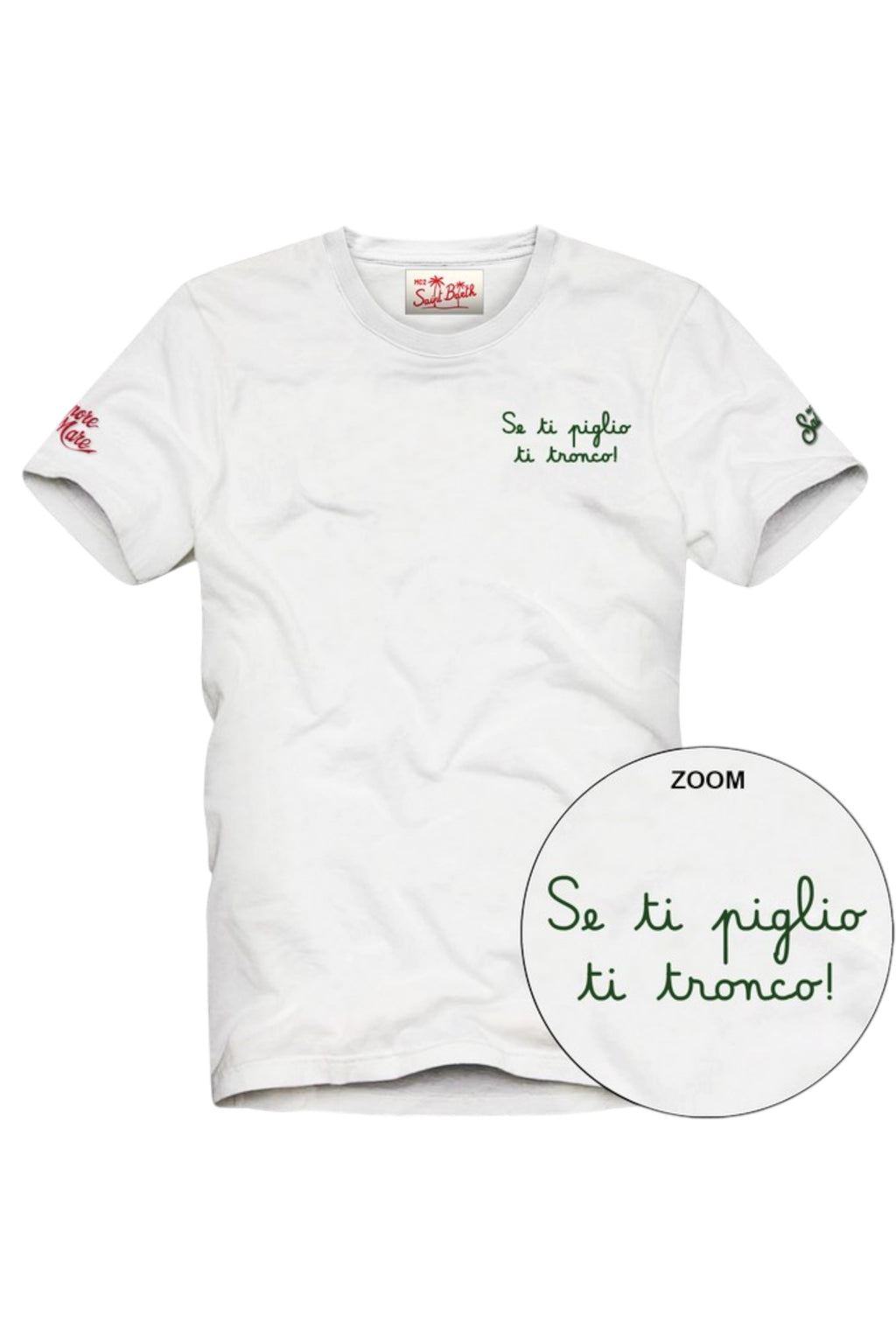 T-shirt su sfondo neutro frontale t-shirt bianco stampa Saint Barth cotone