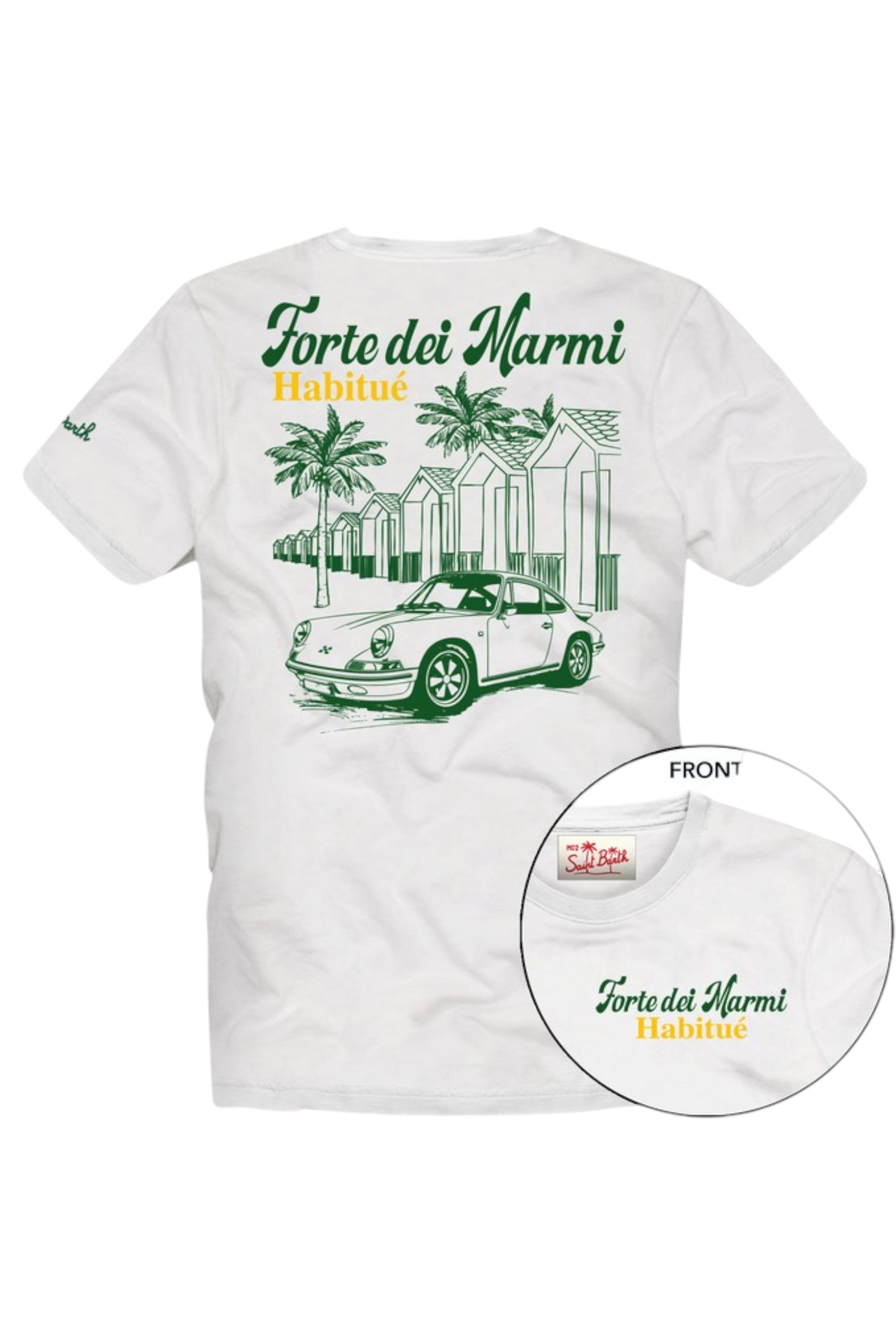 Close-up dettagli t-shirt bianco scritta “Forte dei Marmi Habitu” Saint Barth cotone