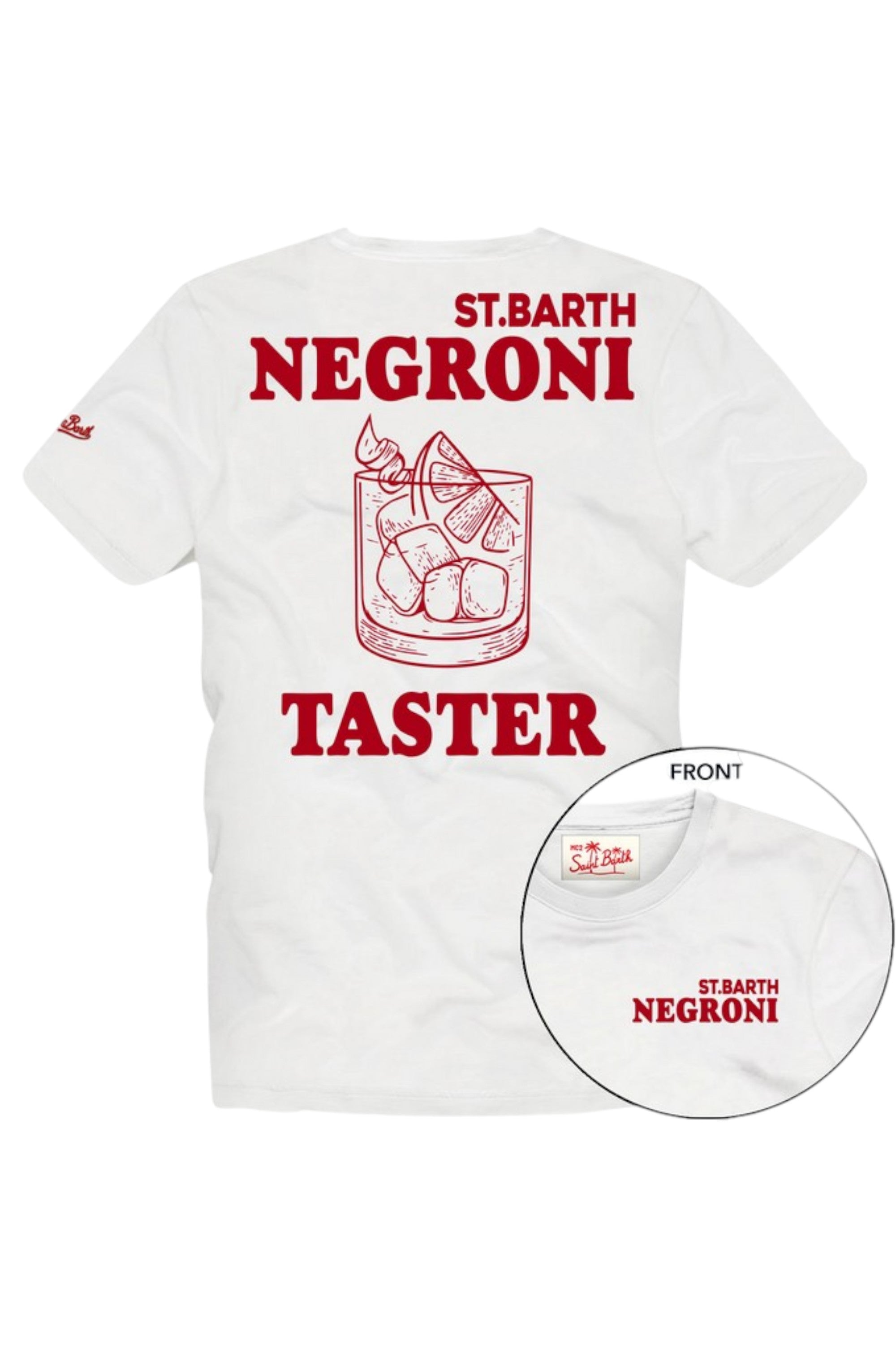 T-shirt su sfondo neutro da dietro t-shirt bianco scritta “St.Barth NEGRONI” Saint Barth cotone