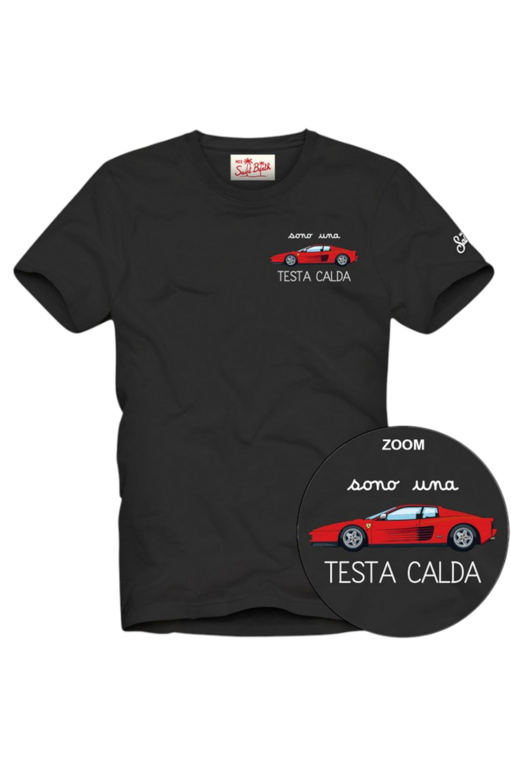 T-shirt su sfondo neutro da dietro t-shirt nero scritta “Auto Ferrari” Saint Barth cotone
