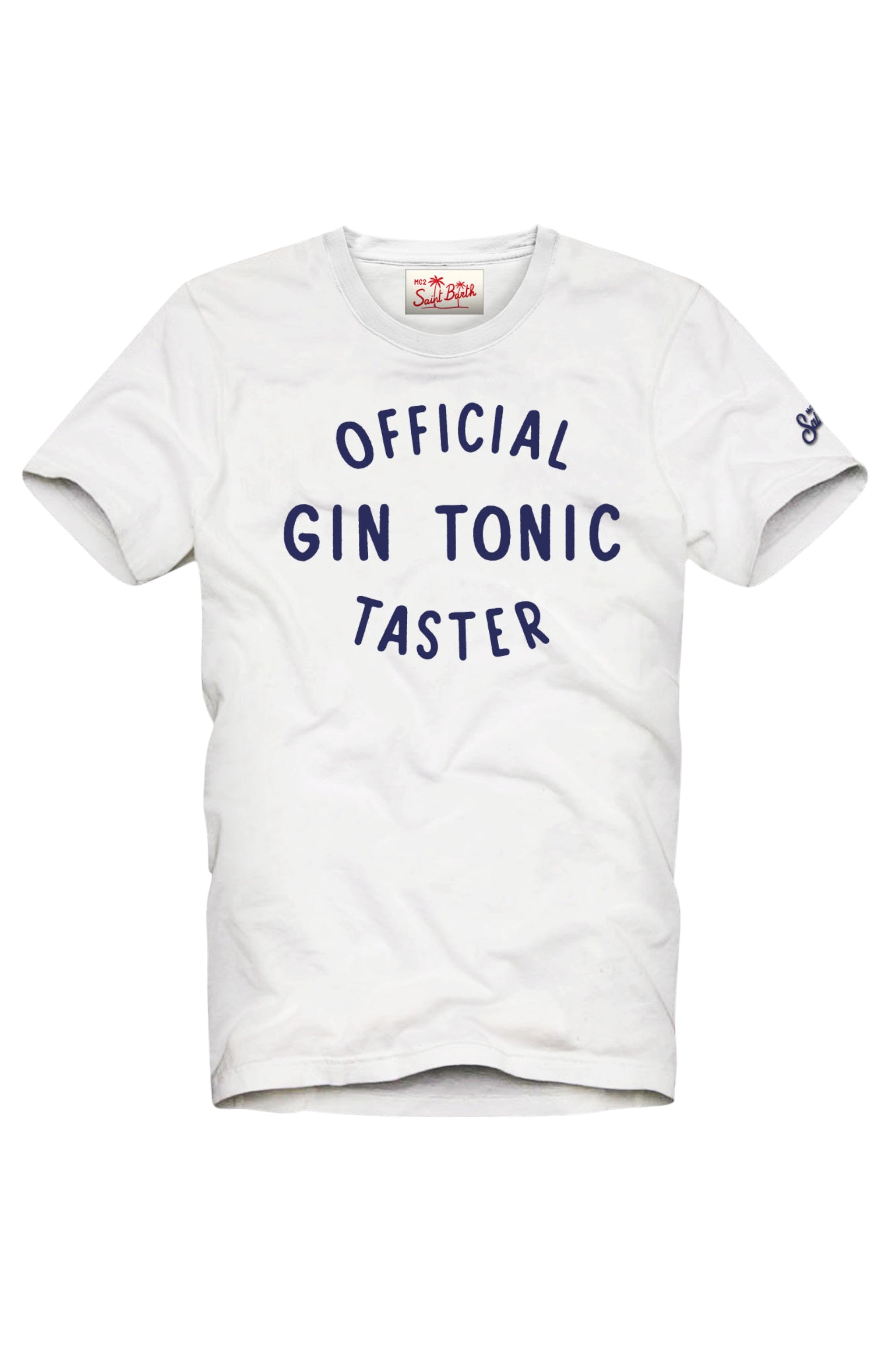 Vista da dietro t-shirt bianco scritta “OFFICIAL GIN TONIC TAS” Saint Barth cotone